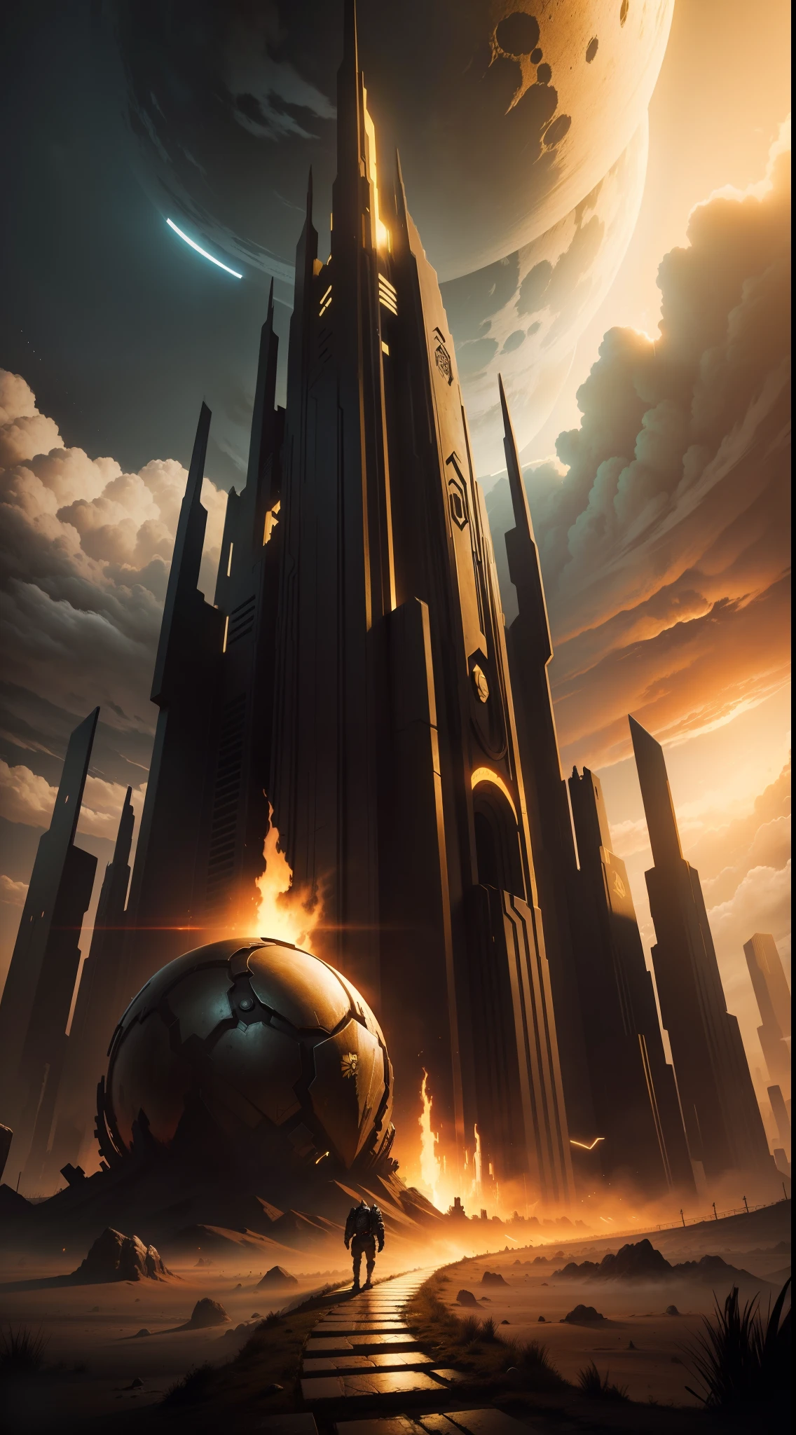 Doomsday wasteland style architectural landscape，HD hand drawn，top-quality，tmasterpiece，8K，deep dark background，Black and gold color scheme，eventide，karo