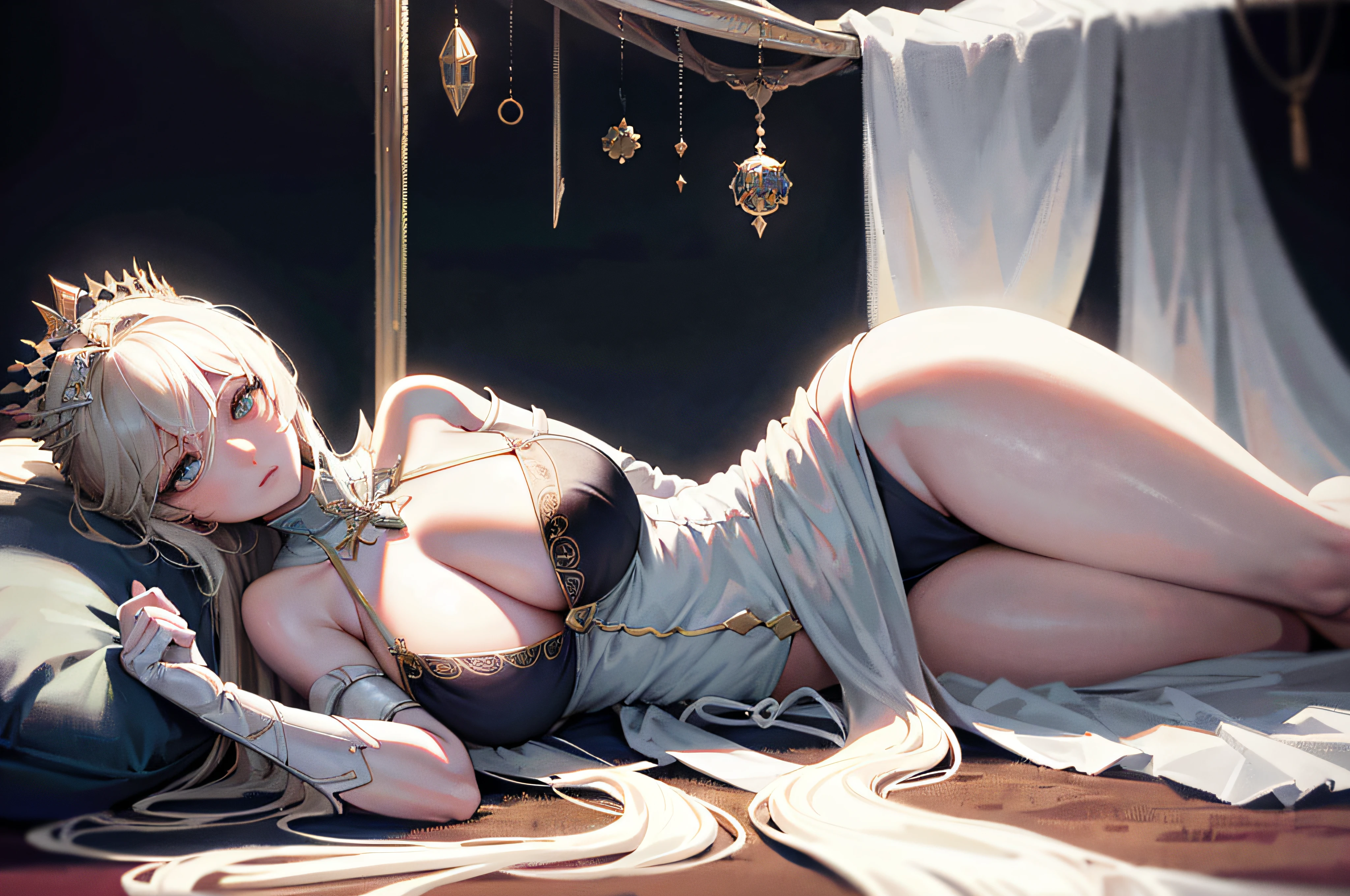 Artoria,Pandoragon,king arthur,King of ancient Britain,King of England,Ancient heroes,Eternal King,King of knights,Generals,heroes,Leader of the Knights of the Round Table,((A half body)),married woman,mother with big breasts,Super plump flesh,Lie down in bed,Seductive cleavage,milk,Seductive expressions,Gentle and loving,Serious personality,Loyalty and integrity,Dull hair,Soft, snow-white skin,Gentle,Dignified and beautiful,beautifullegs,Slim waist,((super gigantic breasts,gigantic hip)),(blond hairbl),((Coiled hair)),(Turquoise eyes),(White silk gauze dress), English style,Perfect flesh full of texture,diadems,Related to lions,Captivating visual treat,((best qualtiy:1.4)),(epic lighting),((tmasterpiece:1.4)),MAXIMUM DEFINITION,(Super detailed face),Clear texture,Ultra HD detail display,Excellent image performance,High quality illustrations,Perfect fit to harmonious tones,Deep lines,Precise brushstrokes,Wonderful color scheme,Complicated details