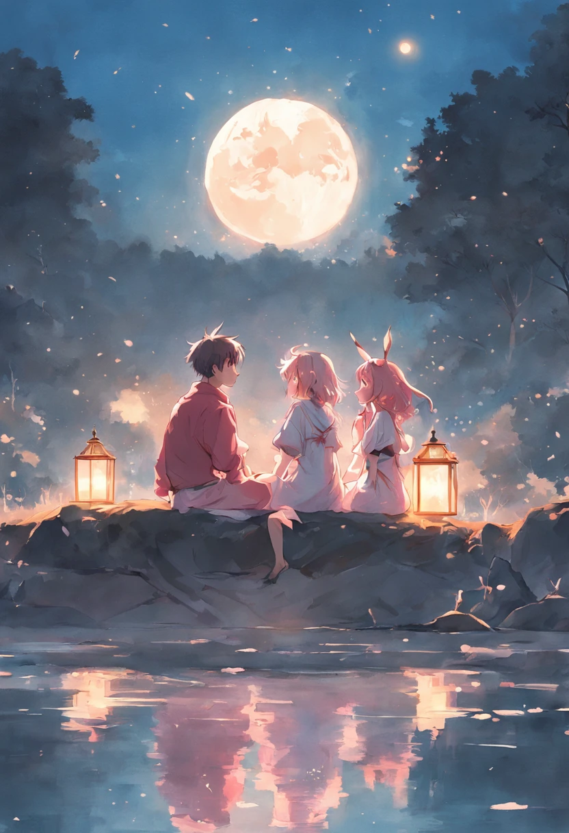 There is a poster,By the river, two couples sit on deer with their backs to the picture,In front of them is a big, round moon romantic, A beautiful artwork illustration, , fairy tale style background, hand painted cartoon art style, Artistic cover, cheerfulness, (in pink), cheerfulness!!!