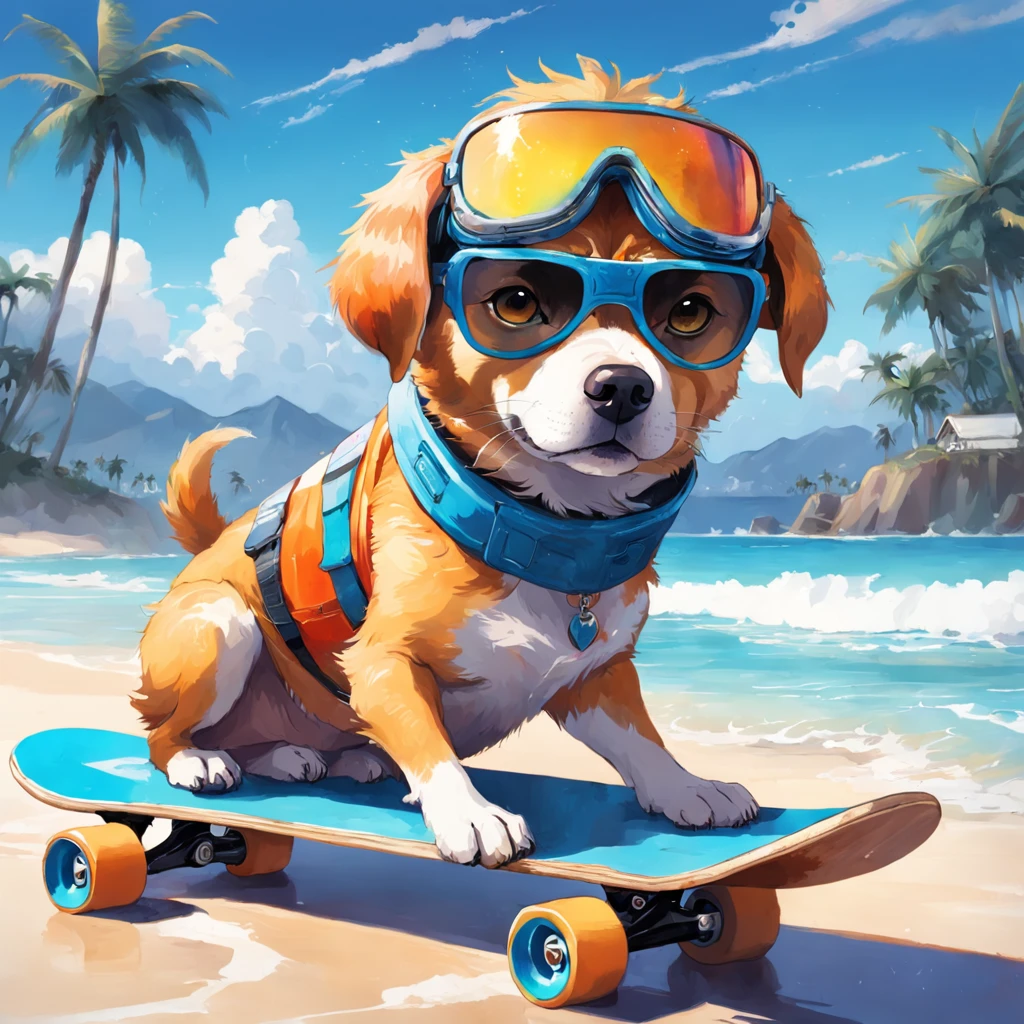 Dog wearing gradient sunglasses，On a skateboard，Bring a helmet， painted in bright water colors, animal drawing, vibrant watercolor painting, painting of cute dog， Stunning artwork, Surrealism with bright colors, plethora of colors，detail-rich, lovely digital painting, Amazing, digital art animal photo, colorful art，watercolor detailed art