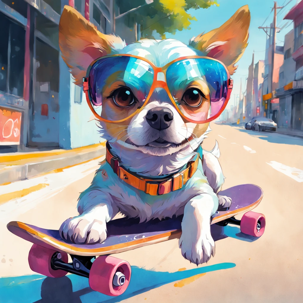 Dog wearing gradient sunglasses,On a skateboard,Bring a helmet, painted in bright water colors, animal drawing, vibrant watercolor painting, painting of cute dog, Stunning artwork, Surrealism with bright colors, plethora of colors,detail-rich, lovely digital painting, Amazing, digital art animal photo, colorful art,watercolor detailed art