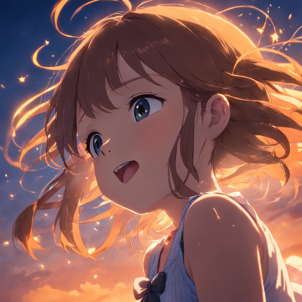 obra-prima, melhor qualidade, filme ainda, 1girl, KID nuvem, floating into the sky, close-up, brilhante, feliz, Soft lighting and Warm, sun sunset, (Sparks: 0,7)