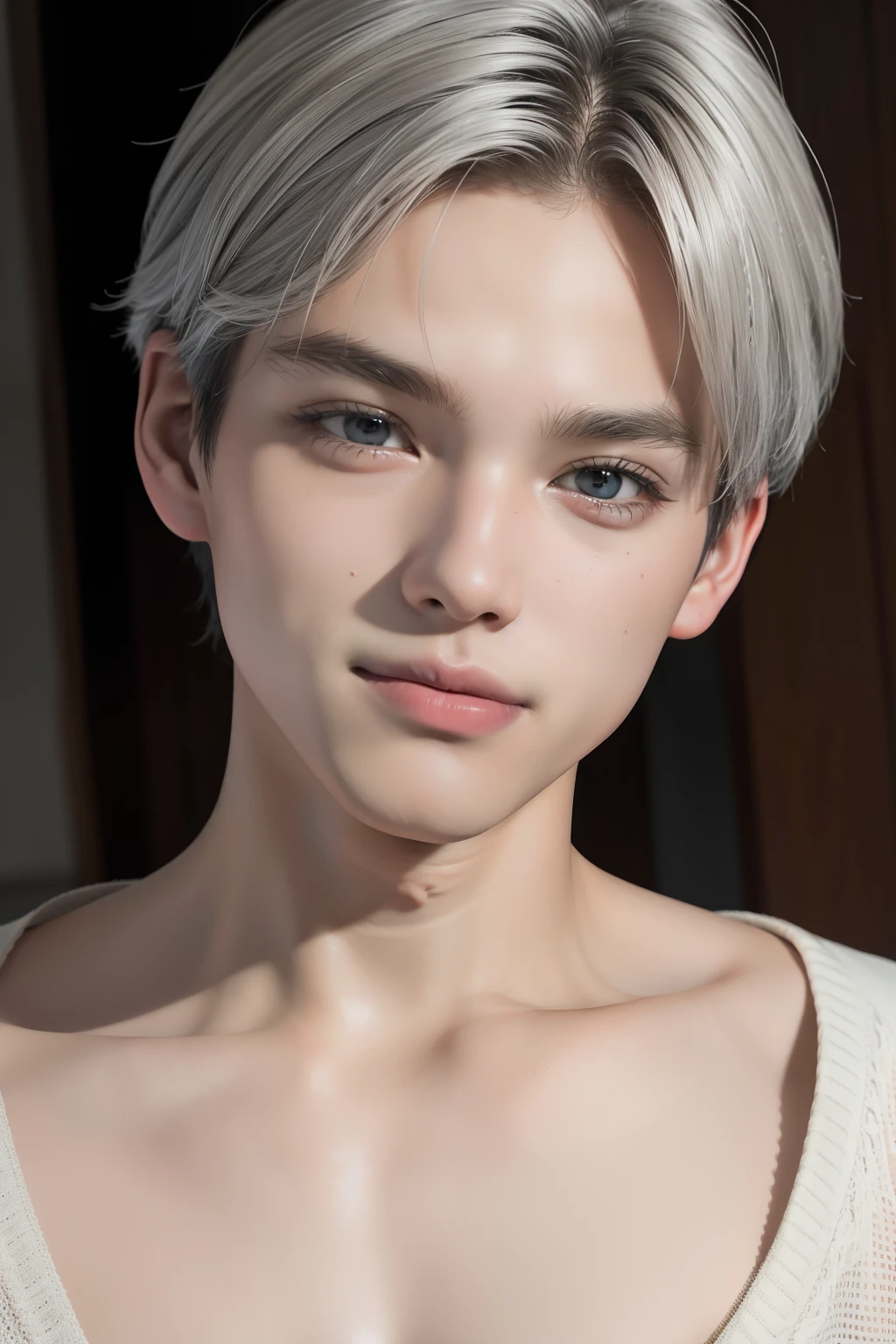 (absurderes, hight resolution, ultra-detailliert, nffsw), masutepiece, Best Quality, 1boy,12year old, Handsome, short detailed hair, finely eye and detailed face, Dimples, Forehead, Midnight, lightsmile,White and gray hair color, Facial do-up,Wear a mask to hide your mouth and nose