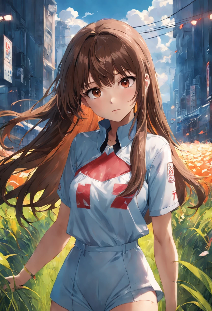 (RAW photo, best quality, masterpiece:1.2), (realistic, photo-realistic:1.4),(masterpiece:1.4),(best quality:1.4), woman, 22 years old, full body, (detailed face: 1.2), neat background, masterpiece, bodysuit, long hair, brown hair, brown eyes, shirt, grass, holding poke ball, best quality,