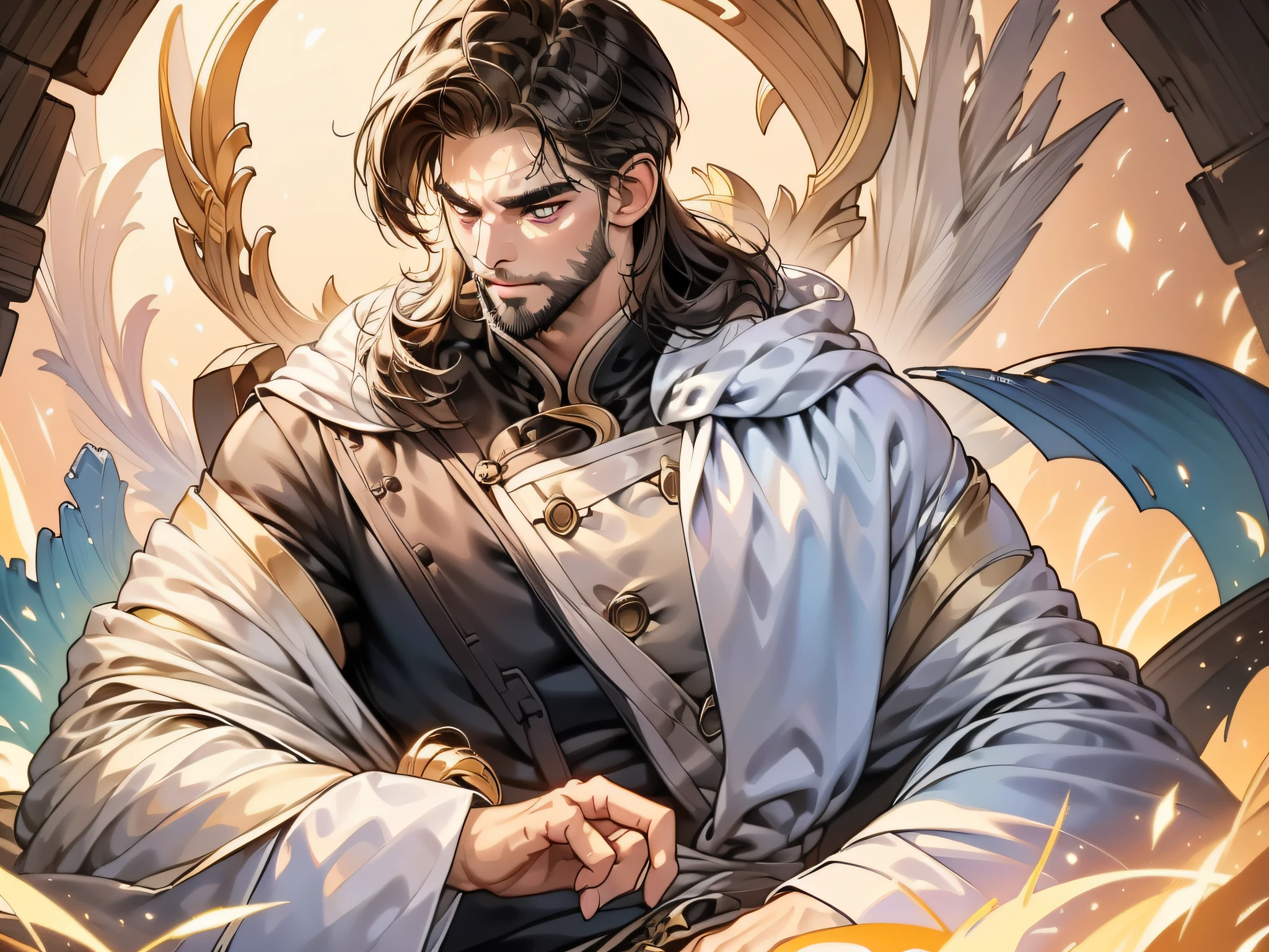 Man with long brown hair and long brown beard, Brown eyes, Dark circles under his eyes, Gold shirt and white cape. Evil expressions. Crystal illuminated cave background. White cloak, White cloak