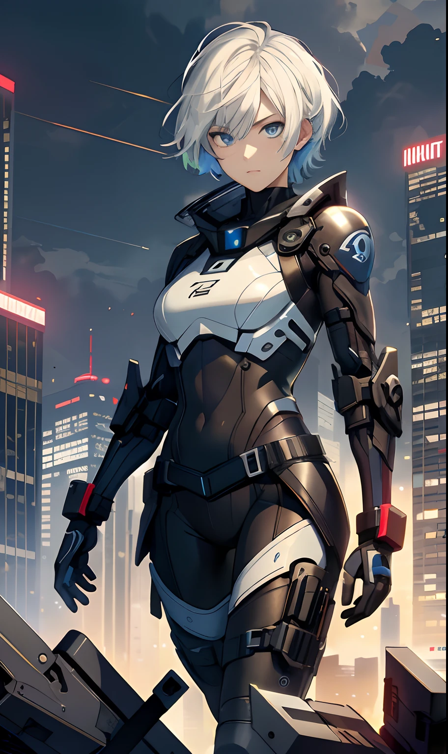 best qualityer,tmasterpiece,Ultimate resolution,downy,Extremely colorful,Colorful,Women combatants,a matural female,Short white hair,Dark blue eyes,Dark blue eyes,Dark blue eyes,Dark blue eyes,Contemptuous eyes,Dark blue eyes,Dark blue eyes,Dark blue eyes,Dark blue eyes,Dark blue eyes,Tight combat suit,tightsuit,With a belt,Steel City background,the night,Normal posture