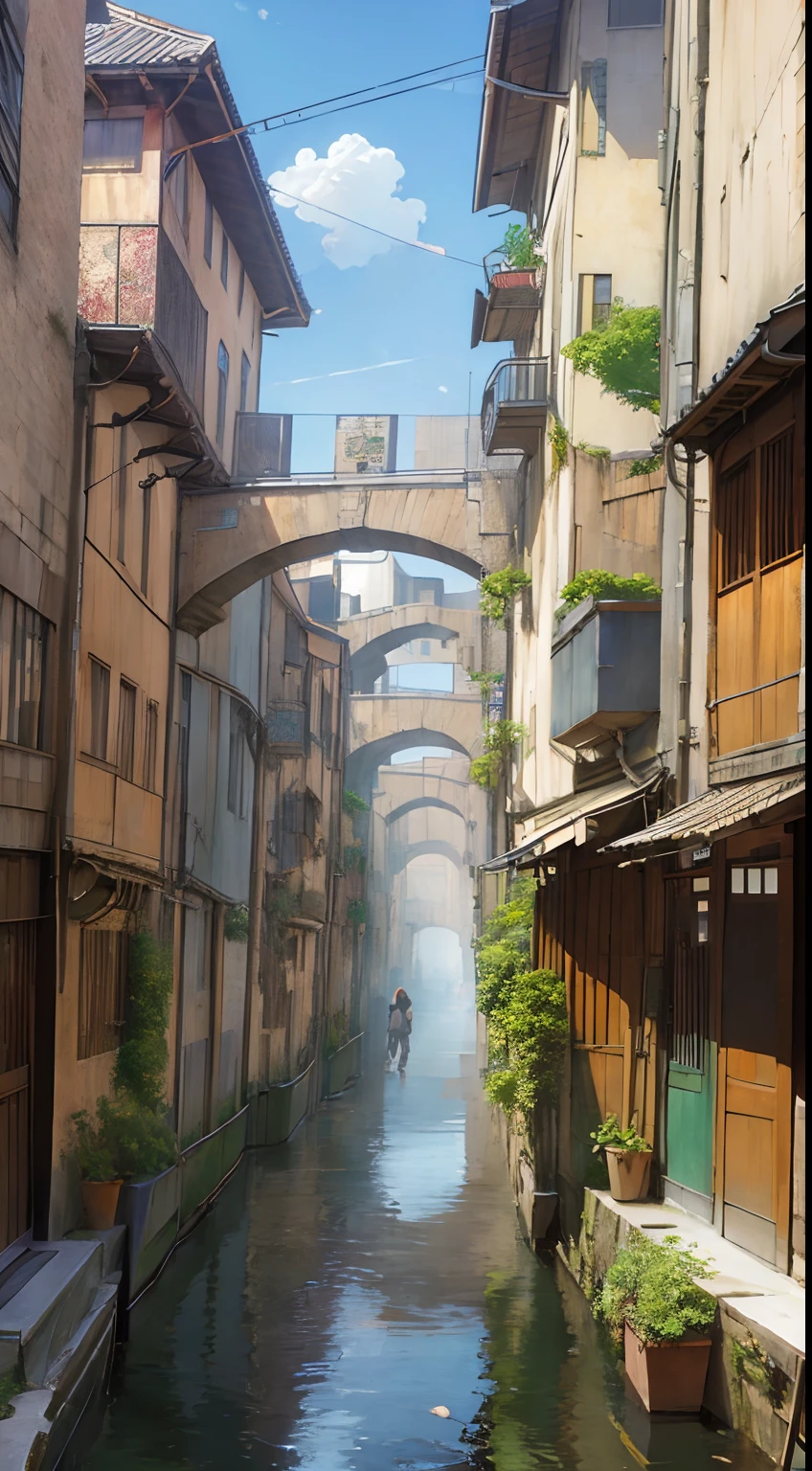 ((masterpiece)),((best quality)),((high detial)),((anime))
Industrial age city, deep canyons in the middle, architectural streets, bazaars, Bridges, rainy days, steampunk, European architecture