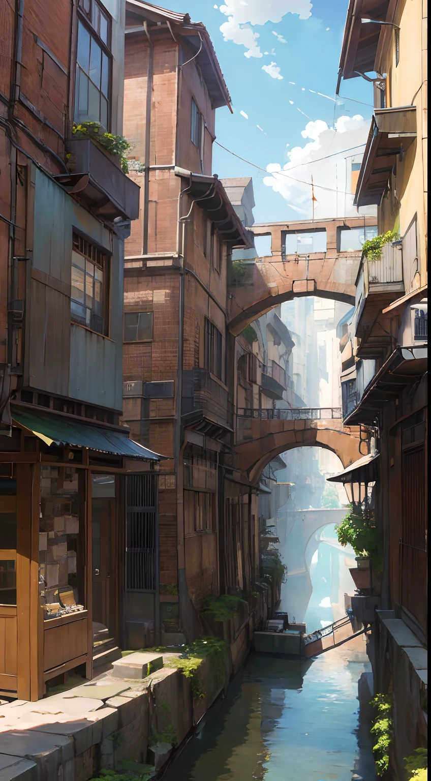 ((masterpiece)),((best quality)),((high detial)),((anime))
Industrial age city, deep canyons in the middle, architectural streets, bazaars, Bridges, rainy days, steampunk, European architecture