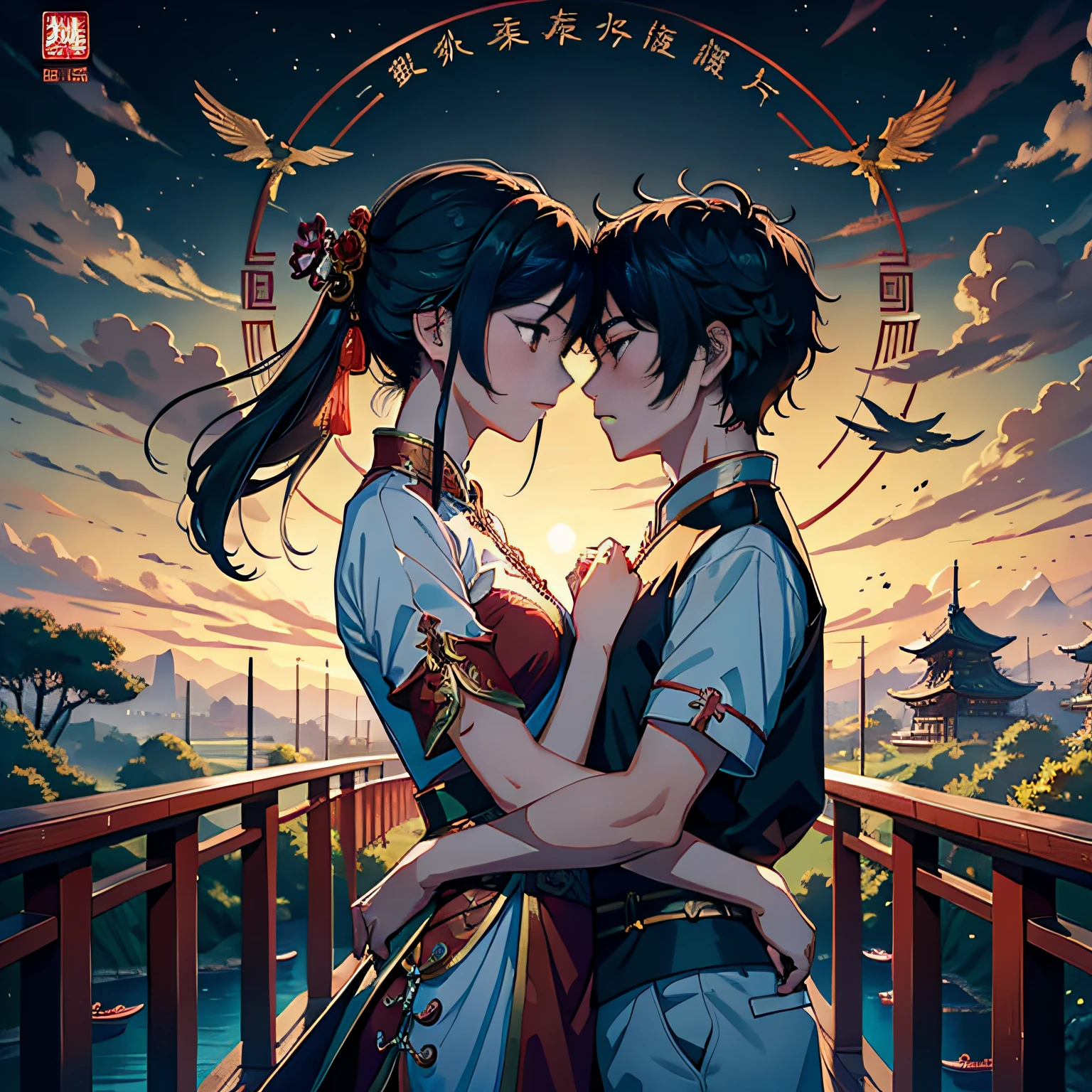 tmasterpiece,A high resolution,Complex scenes,detailed face with,CG animation,Chinese mythology and story Qixi Festival,in wonderland,bru,(Boys and girls hugging each other on the bridge),illustration,Crane,Clouds,