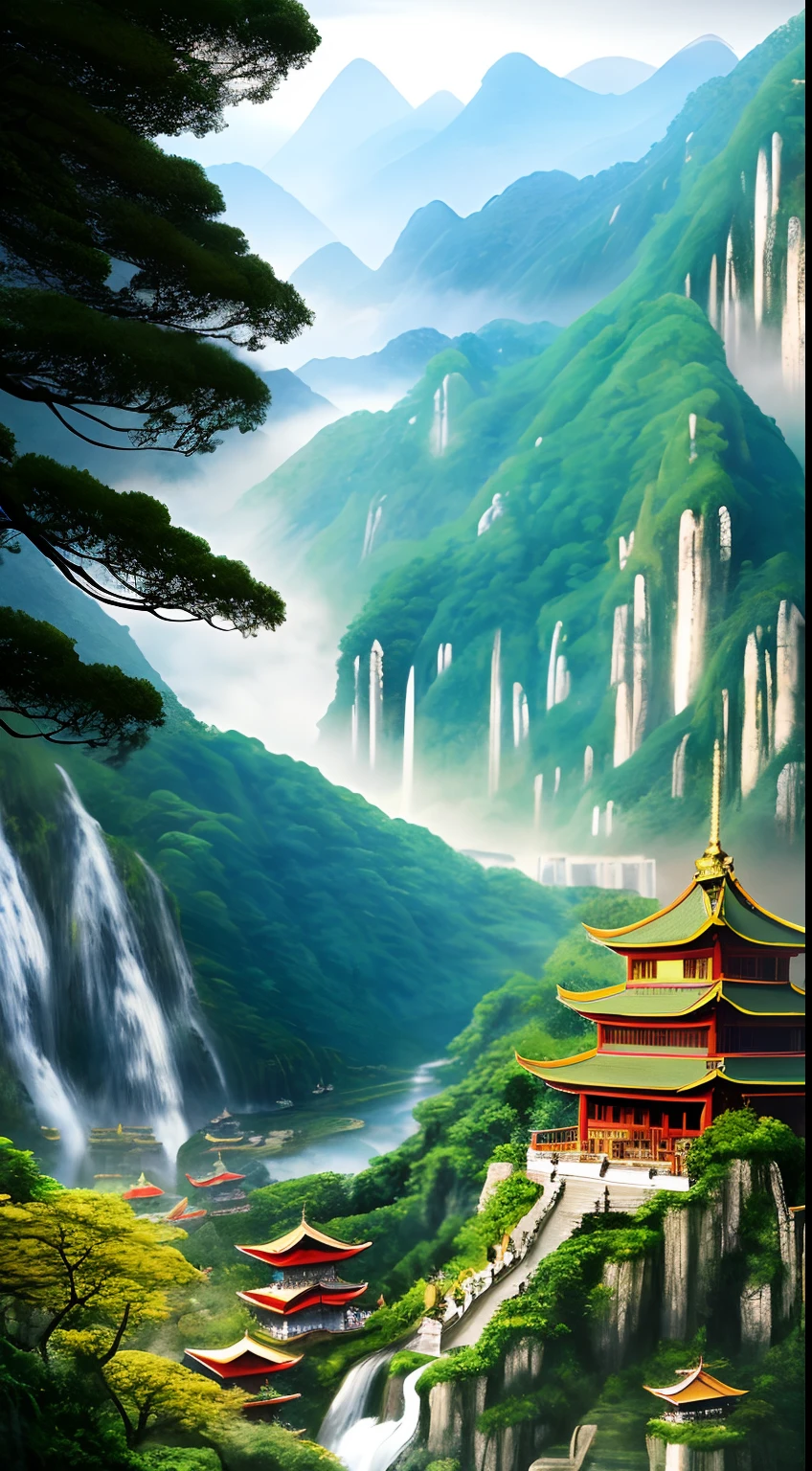 2. Mountain view with waterfall and pagoda in the middle, painted scene by Han Gan, winner of cg society competition, fantasy art, dreamy Chinese town, Chinese landscape, Chinese fantasy, made of trees and fantasy valley, ancient city view, order Impressive fantasy landscape, most epic landscape, pagoda on hill, mountainous jungle environment, avatar landscape, chinese village.