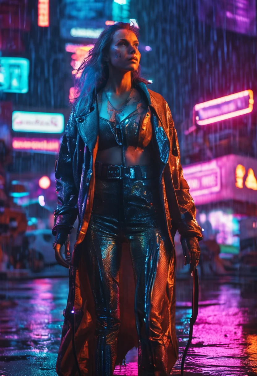 portrait, chiaroscuro lighting, a cybernetic sorceress wielding a neon staff, dystopian future New York City, night scene with neon signs reflecting in rain-soaked streets, 12k, HDR, -ar 2.35:1, atmospheric fog, crowd of onlookers with futuristic clothing, hovering drones with spotlights, reflections in puddles, holographic advertisements, particle effects, sparks and smoke from nearby damaged machinery, cracked asphalt, vivid colors and contrast, sharp details, futuristic skyscrapers with animated billboards, glowing energy lines tracing along the sorceress' skin, wild hairstyle with electric blue streaks, glowing tattoos, leather and metallic clothing, fierce expression, cityscape in the background, long shadows, dynamic pose, cyberpunk aesthetics