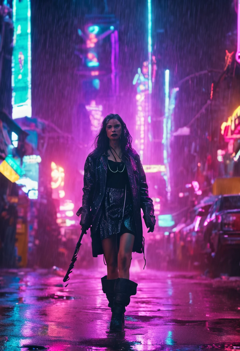 portrait, chiaroscuro lighting, a cybernetic sorceress wielding a neon staff, dystopian future New York City, night scene with neon signs reflecting in rain-soaked streets, 12k, HDR, -ar 2.35:1, atmospheric fog, crowd of onlookers with futuristic clothing, hovering drones with spotlights, reflections in puddles, holographic advertisements, particle effects, sparks and smoke from nearby damaged machinery, cracked asphalt, vivid colors and contrast, sharp details, futuristic skyscrapers with animated billboards, glowing energy lines tracing along the sorceress' skin, wild hairstyle with electric blue streaks, glowing tattoos, leather and metallic clothing, fierce expression, cityscape in the background, long shadows, dynamic pose, cyberpunk aesthetics