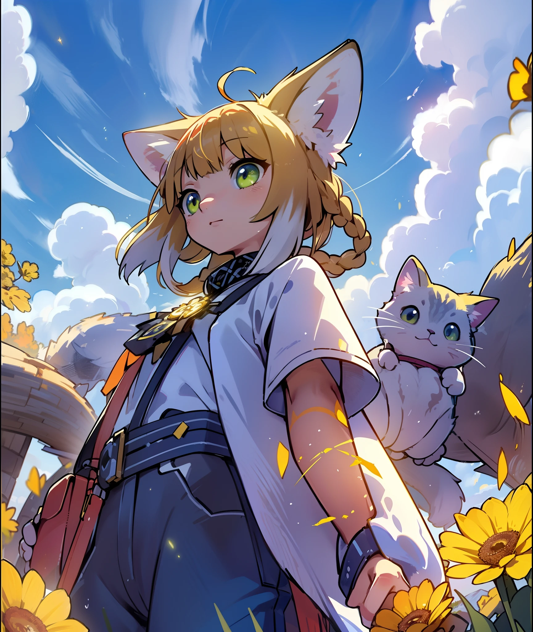 1girl in、((Best quality1.2))、With cats((I have a cute cat 1.2))、Vast landscape photos、(View from below showing the sky and the field below)、Girl standing in a flower garden and looking up、bright sunny day(clouds:1.2)、mountain in the distance、Thursday Break Production Art、lot of purple and orange、intricate detailes、Volumetric lighting、Realism Break (masterpiece:1.2), Detail Shadows, (Top image quality), 4K, The ultra-detailliert, (dynamic compositions:1.4), high detailing, Colorful Detailed,( Irridescent color:1.2), (Glowing lighting, Atmosphere Lighting), dream-like, Magical, (独奏:1.2)