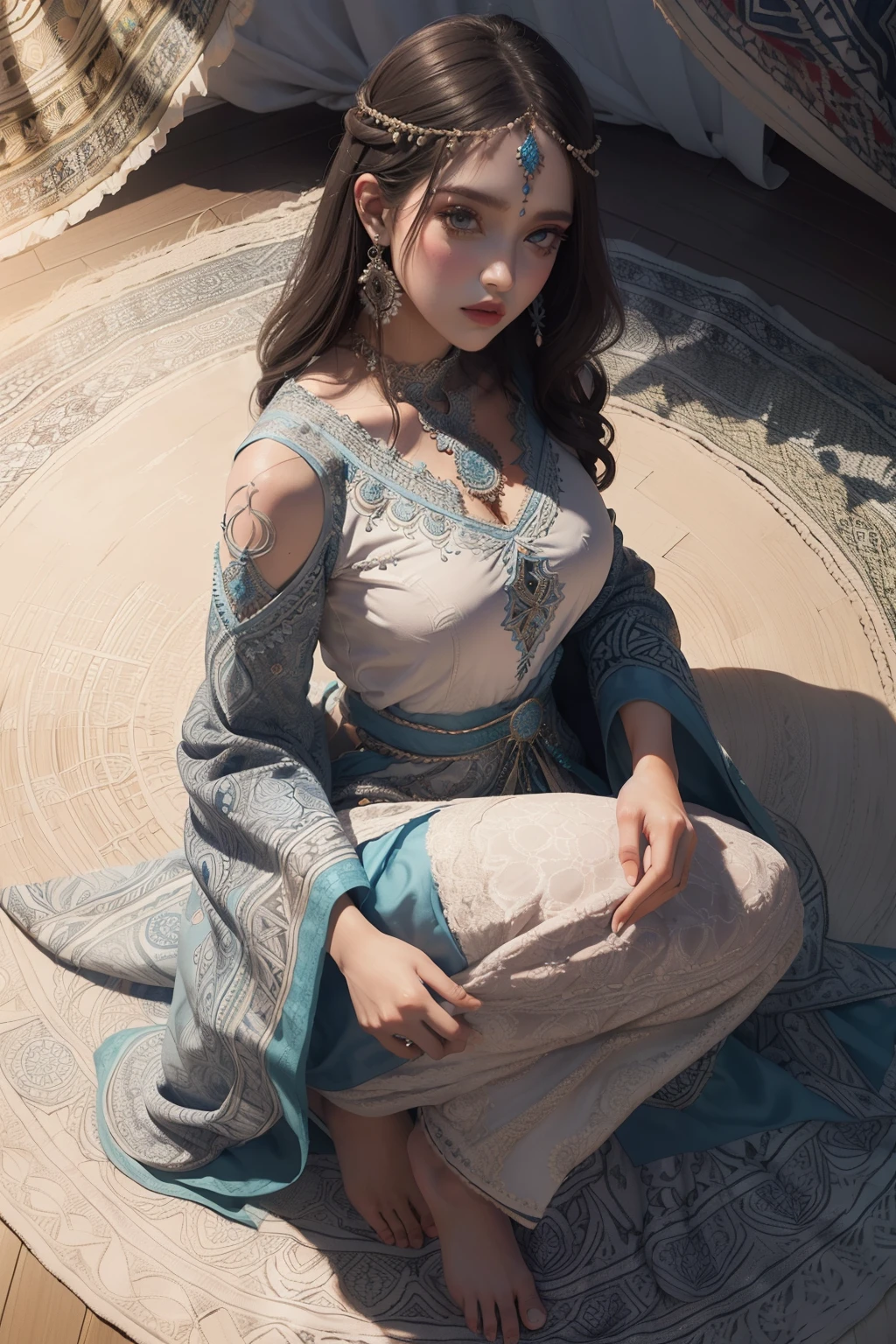 1fille full caftan outfit moroccan dress, seulement, Taille vers le haut, from above, (Zentangle, mandala, tangle, entangle), (fleur:1.2) Art officiel, Unity 8k wallpaper, Ultra detailded, aesthetics, Masterpiece, Best quality, photoreallistic