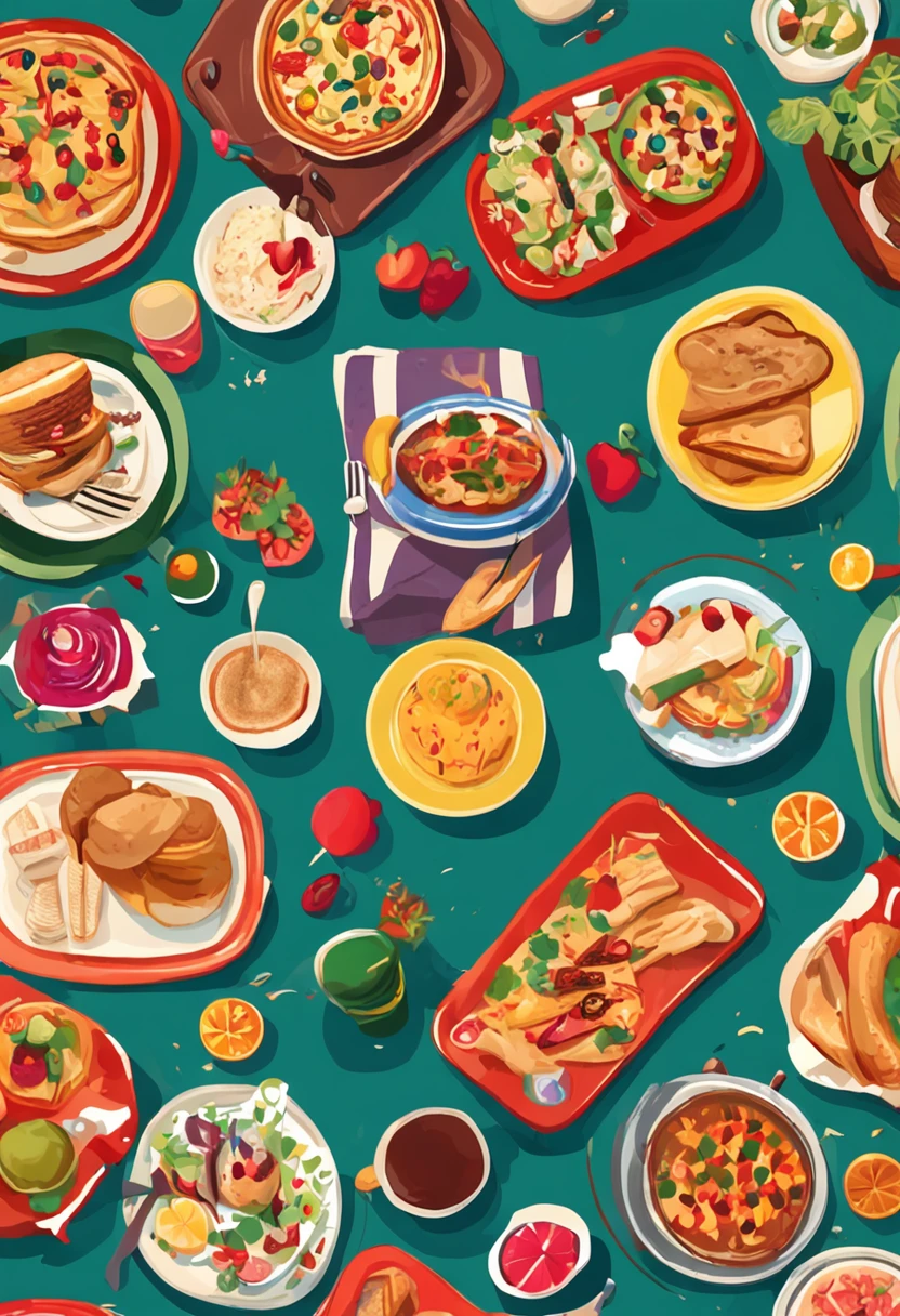 Um homem e uma mulher comem em frente a uma mesa redonda，Tables are filled with a variety of colorful food and drinks，Riram felizes