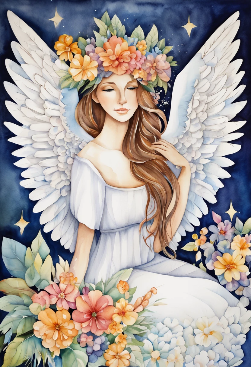 (FULL BODYSHOT:1.4), White background, (1 Angel Girl,Glowing wings, Halo, Exquisite headdress, Smile), (paper art, Quilted Paper Art, Geometry), highly colorful