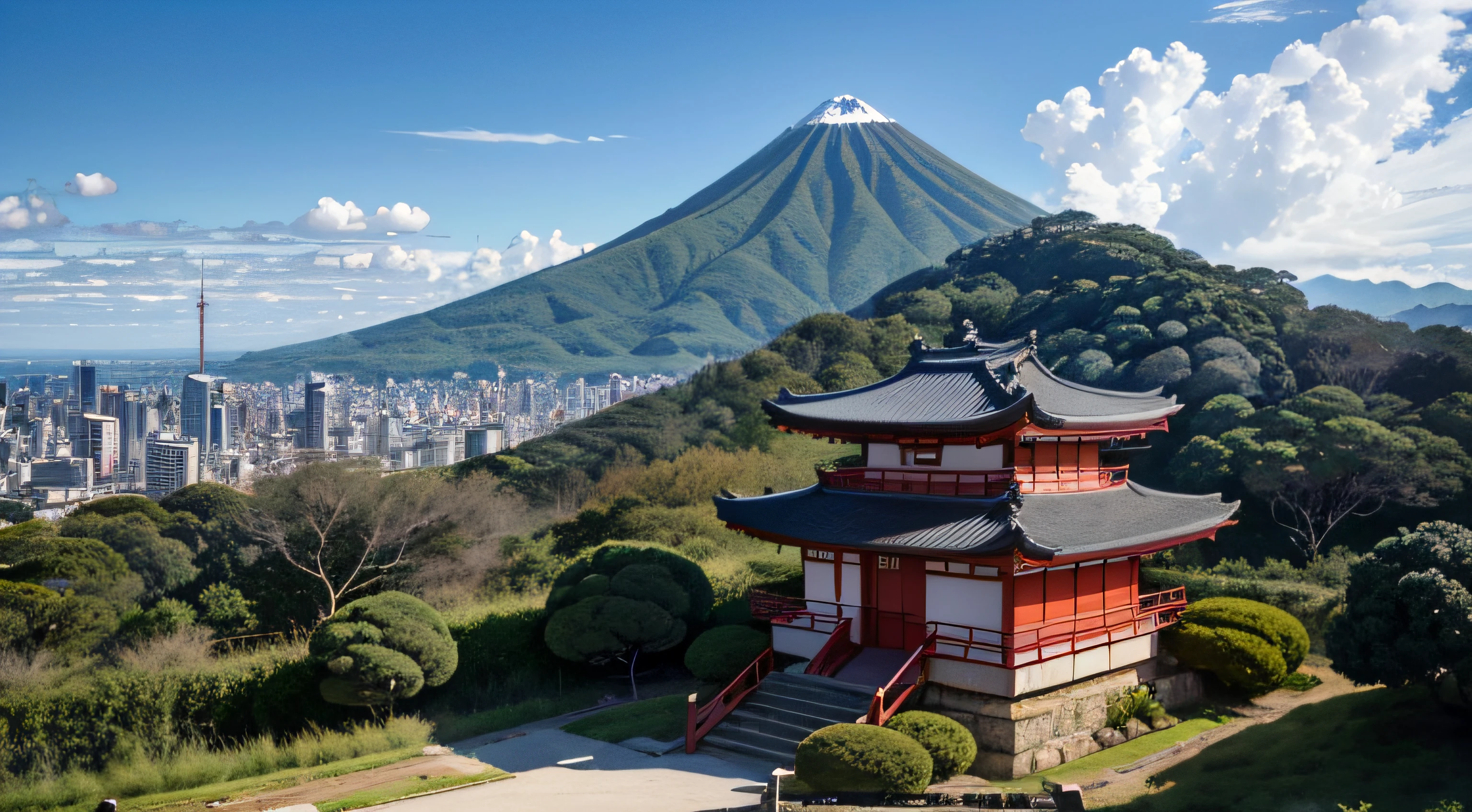 uma paisagem japonesa, com essas entradas de templo, o monte fugi ao fundo e uns tsurus voando como se fossem passaros