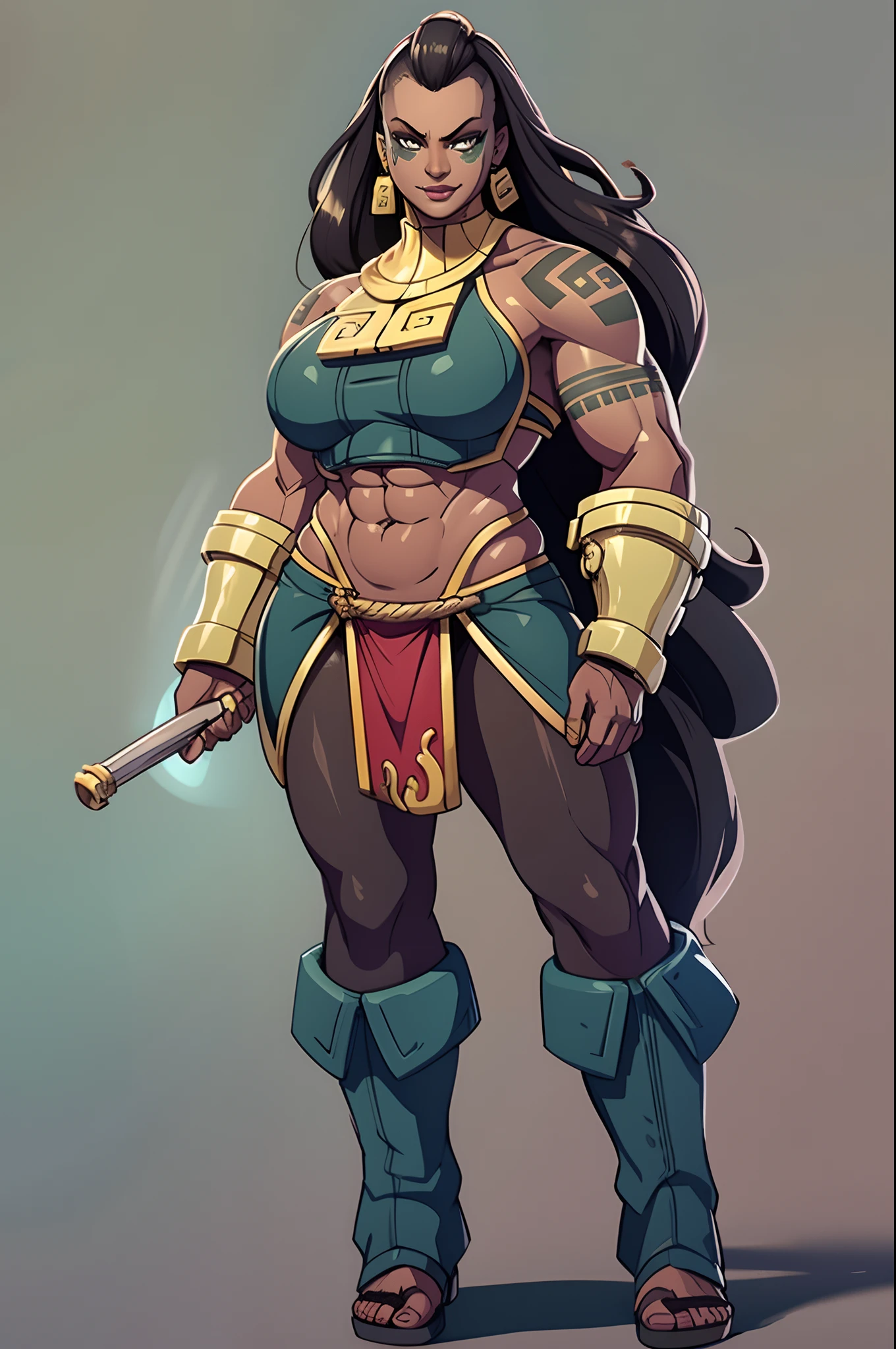 illaoi, 1girl, dark skin, long hair, muscular, solo, standing, detailed face, ultra detailed eyes, looking at viewer, cowboy shot, upper body, (masterpiece:1.2, best quality), flipflops,full body, crazy smile