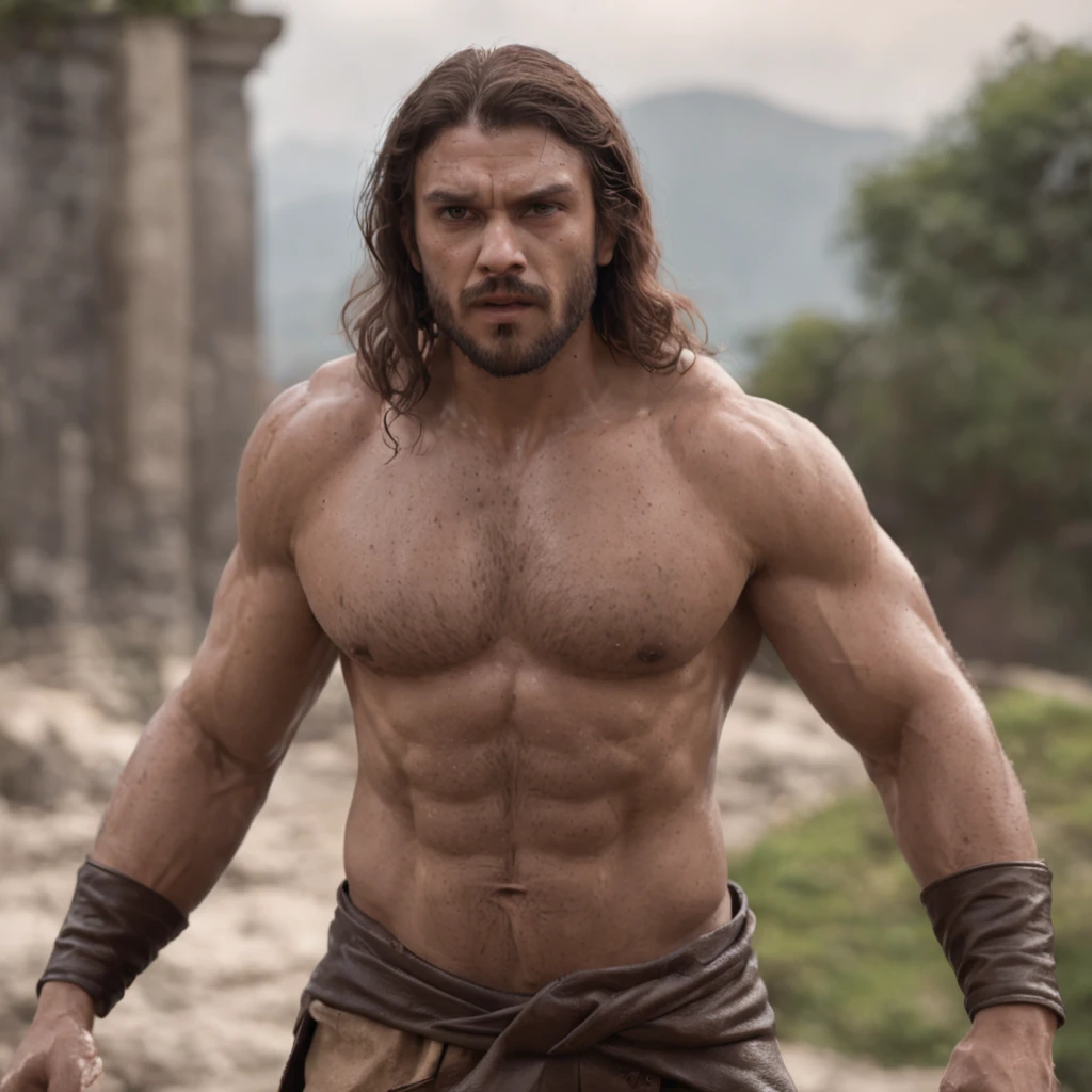 (Professional 3D rendering:1.3) de (Realistic:1.3) Foto de arte mais bonita do mundo，Features soft, bright male heroes, ((Epic hero fantasy rough muscular man wet hero angry look long hair short beard and fierce expression in dynamic pose, fantastic location, majestoso ambiente desordenado)), corpo inteiro 8k unidade render, action shot, poros da pele, very dark lighting, sombreamento pesado, circunstanciado, Rosto detalhado, (vibrante, fotogrdeia realista, Realistic, Dramatic, Escuro, foco nítido, 8k), (Old leather clothes damaged by bad weather:1.4), ((((Use peles)))), (intrincado:1.4), decadente, (altamente detalhado:1.4), pintura digital, rendering by octane, art stations, Conceito-Arte, liso, foco nítido, illustration, germe da arte, (Loish:0.23), Wlop Ilya Kuvshinov, e Greg Rutkowski e Alphonse Mucha Gracias, (global ilumination, studiolight, Light Volumetric), chuva forte, floating particles, patife, fantasia, Onze, corpo inteiroesbian, ((Fundo escuro e antigo da cidade:1.3)),CGSesociedade,art stations