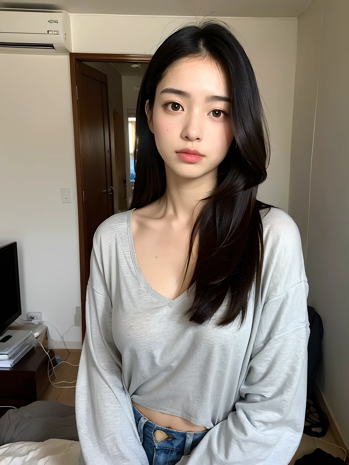 ((La mejor calidad, 8k, obra maestra: 1.3)), fotorrealista, foco nítido, alta calidad, High resolution, retrato, solamente, Japan person, Mujer, belleza, brassiere, 25 years old, cabello ondulado, (Mostrar bragas: 1.5)), Casa de tugurios, (Fondo desordenado, small room: 1.3), Tattered mattress, cluttered room, fondo oscuro, cuerpo perfecto, bragas, blusa holgada cleavage