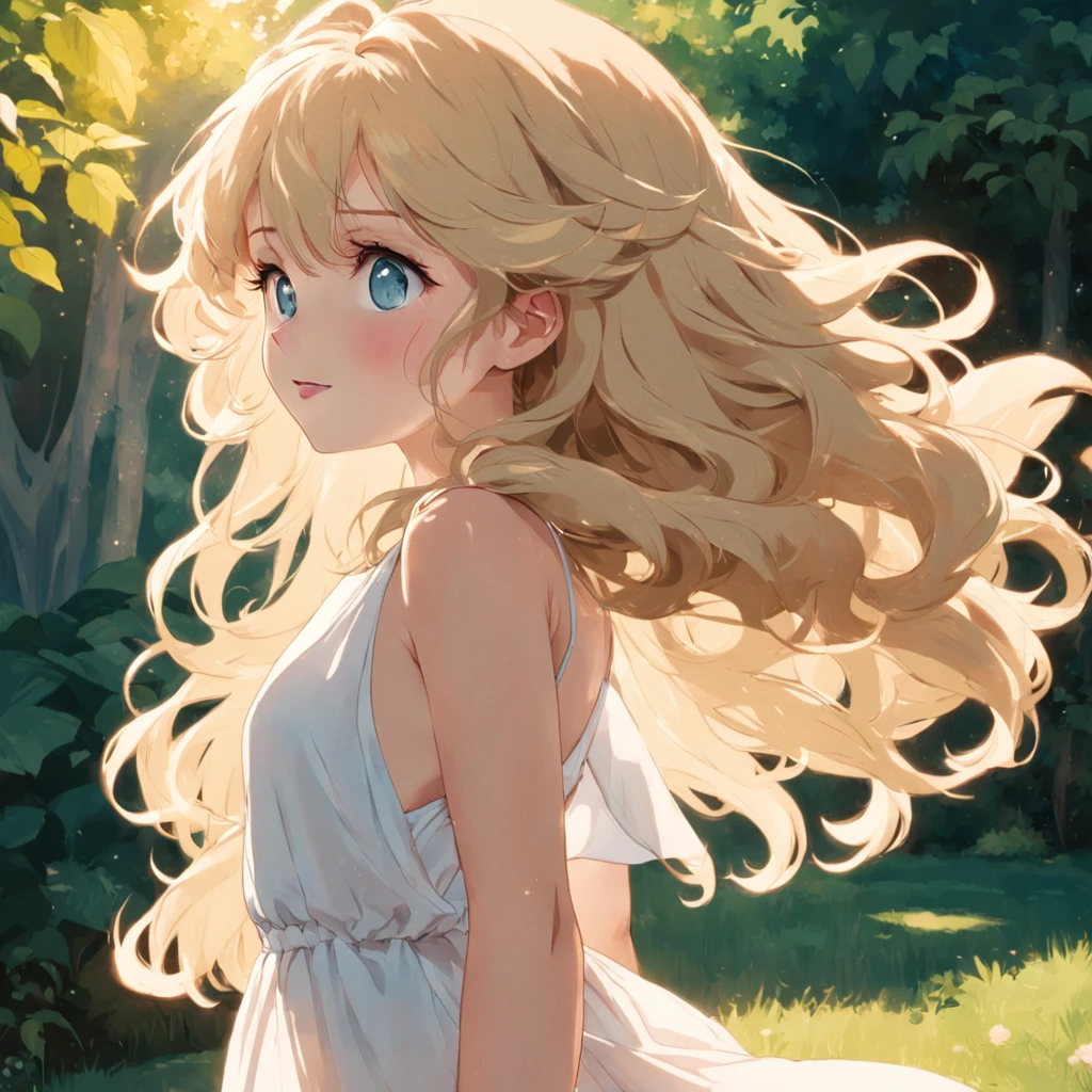 Sunny portrait of a young woman with wavy blonde curly hair, Sun-kissed skin, and lively blue eyes, Wearing a flowing white sun dress, Put your hands on your hips and smile brightly, Upper body frame, Outside in the lovely garden, Illuminated by soft natural light and brilliant sunlight, Shoot at eye level on an old-fashioned film camera, Delicate soft colors and subtle dreamy glow were added to the post-production, Wes Anderson's summer lifestyle photography style.