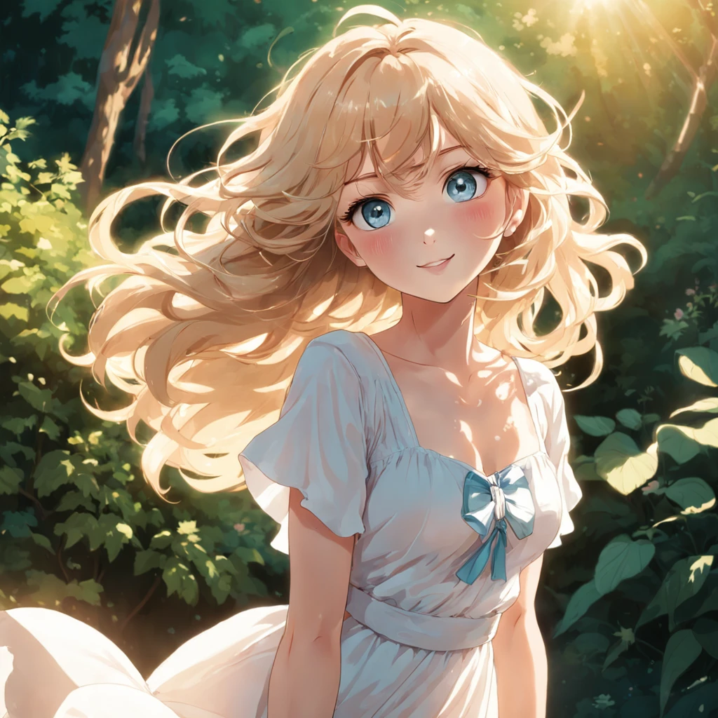 Sunny portrait of a young woman with wavy blonde curly hair, Sun-kissed skin, and lively blue eyes, Wearing a flowing white sun dress, Put your hands on your hips and smile brightly, Upper body frame, Outside in the lovely garden, Illuminated by soft natural light and brilliant sunlight, Shoot at eye level on an old-fashioned film camera, Delicate soft colors and subtle dreamy glow were added to the post-production, Wes Anderson's summer lifestyle photography style.