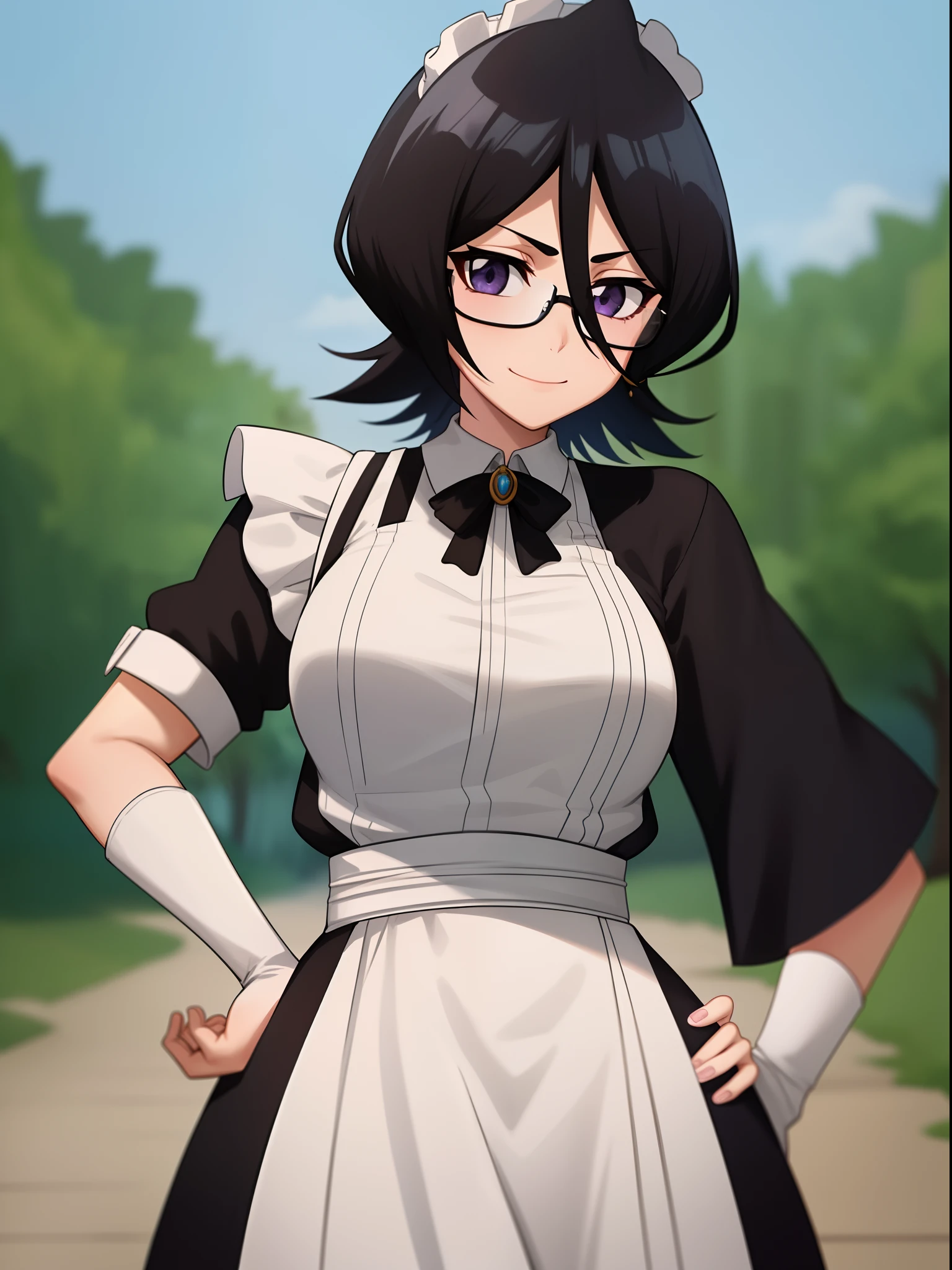 anime screencap, forest,path, masterpiece, High quality,
1girl, solo, hand on hip, short hair, black hair, purple eyes, maid dress:0.7, smile, looking at viewer, black kimono:0.3, hair between eyes, cowboy shot, wide sleeves, facing viewer, black hakama,white_sash, (((glasses))), ((rim-less eyewear)), (((mature female))), tall, beautiful, sexy, medium breast, milf, (eyewear:0.9)