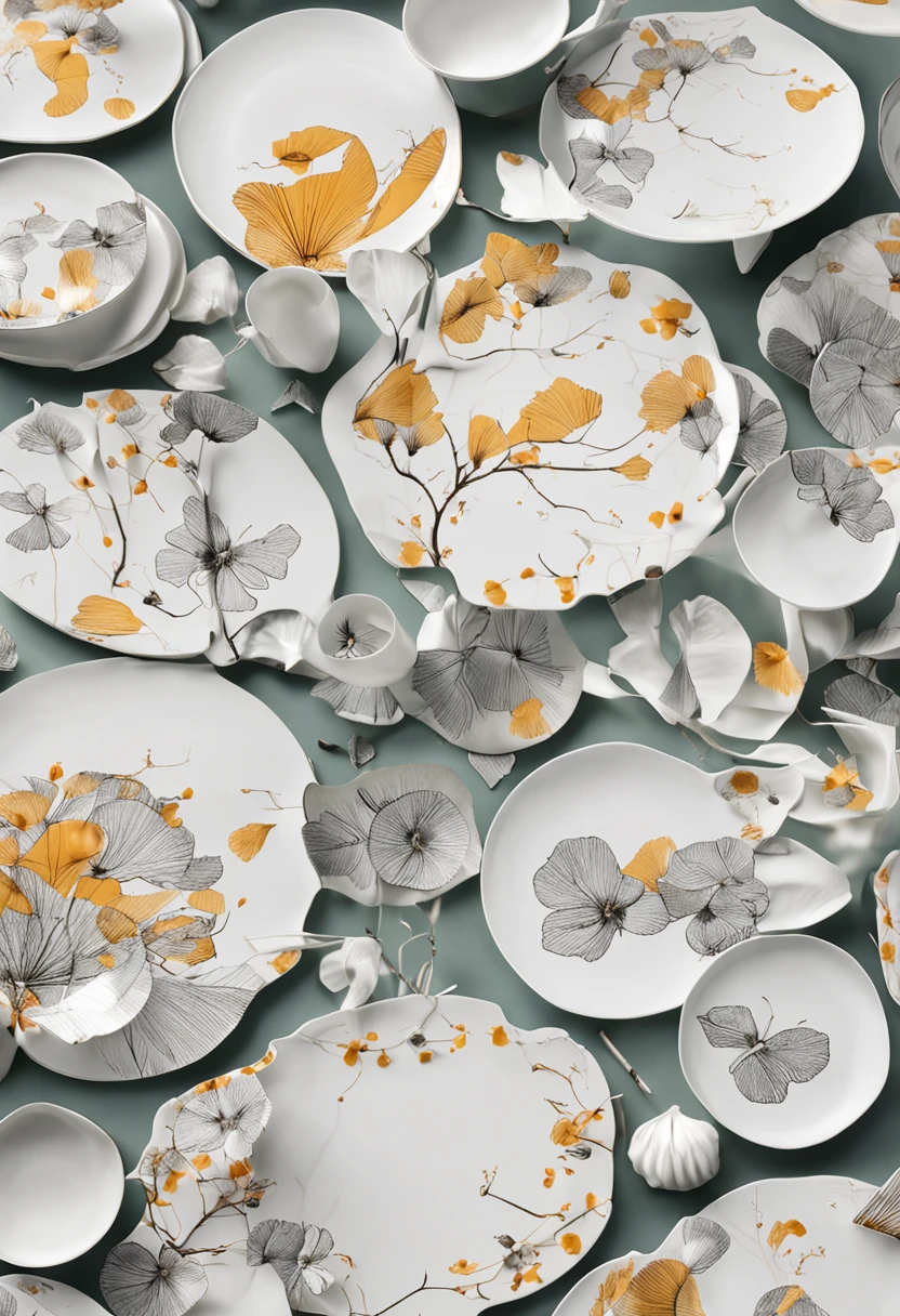 There is a bone china plate,Ginkgo biloba chart,Bone china plate design artwork,Modern artwork,top views,Best results,artwork of a,best qualtiy,8K,3D,Color decoration,top Quority,the detail,The edges are patterned,Add details