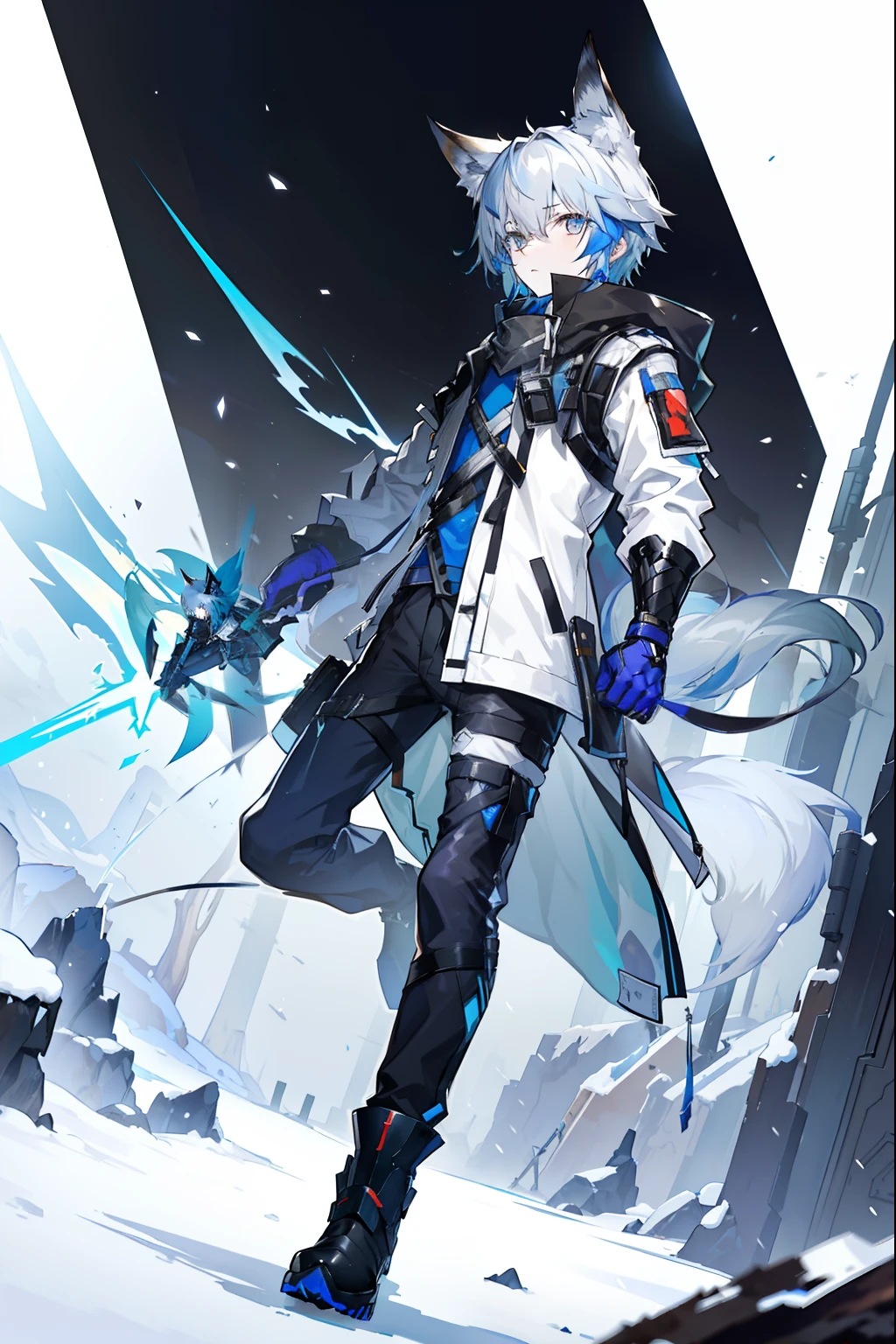 my character is 19 years old, his appearance is: Has white hair, eyes black, he has a blue demonic horn and another black one with a blue detail around it, he has a round blue halo on top of his head, he wears a white coat with a black hood and blue lining, he wears black pants, He wears brown shoes, he also has a black demonic tail with a heart-shaped tip, he wears 2 earrings on his left ear and wears black gloves on his hands. 