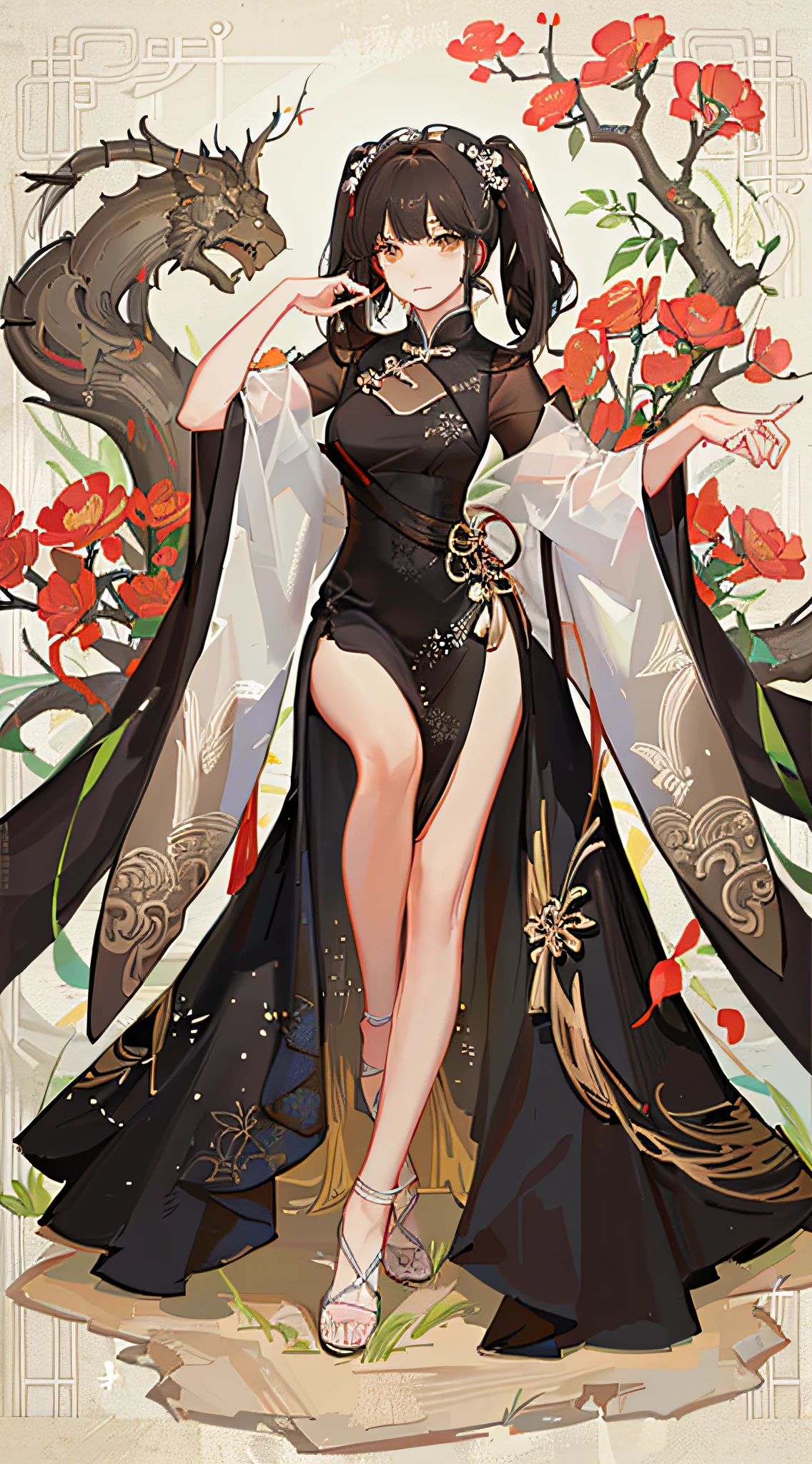 girl,full body,(detailed face:1.2), masterpiece, fashion,chinese dress,, medium hair, black hair, twintails, blunt bangs, brown eyes,