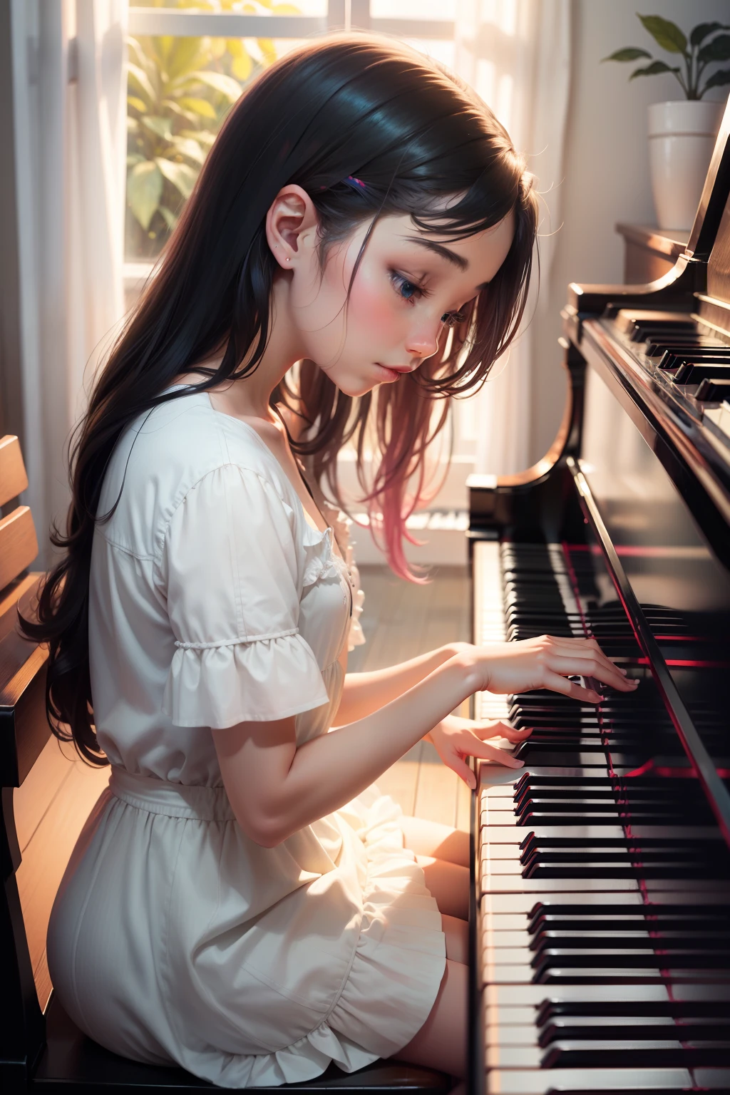 a young woman with long, dark hair styled in twintails. She is wearing a white dress with thin straps and is seated at a piano. She has a focused expression and is looking directly at the viewer. The piano has a wooden finish, and there's a decorative frame on the wall behind it. The image has a soft, blurry background, emphasizing the subject. The lighting is soft, and the overall mood of the image is serene and introspective.