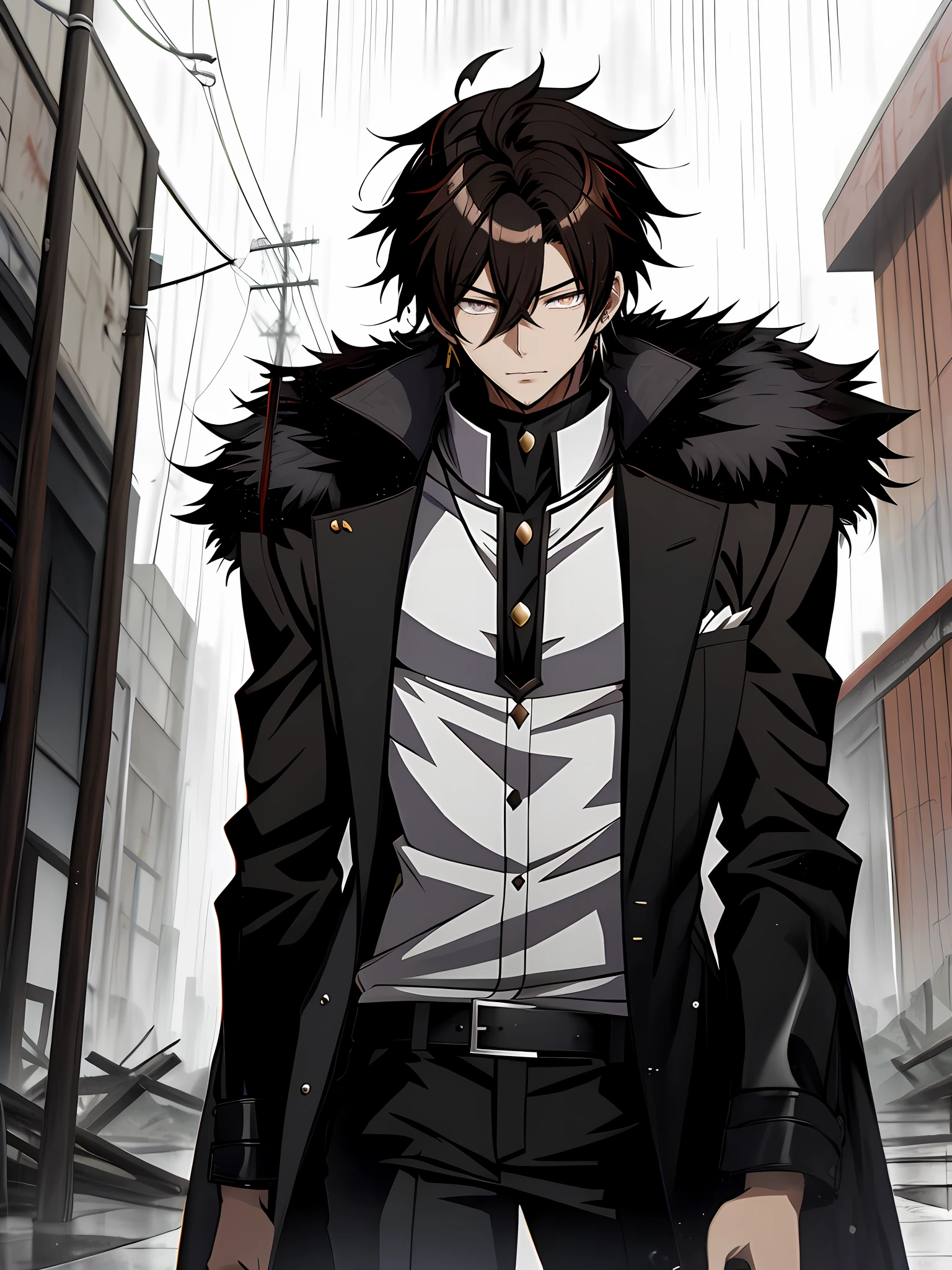 An anime man in a black fur coat stands among the ruins in the rain, brunette color hair，Black colored eyes，inspirado em Okumura Masanobu, nobutaka ike, Badass anime 8 K, Anime handsome man, Anime portrait of a handsome man, anime concept hdr anime macmanus, Key anime art, male anime character