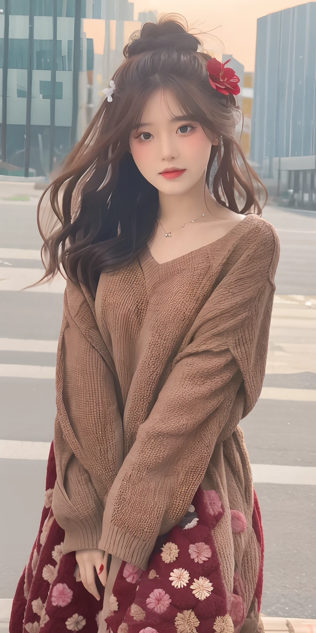 One girl walking on the river、Mix 4、Sweaters、PILLOWS、s lips、Opening Mouth、realisitic、a picture_\(Curly\)、独奏、animal stuffed、Stuffed toys、teddy bears、(masterpiece)、(Photorealsitic:1.3)、ultra-detailliert、(high detal)The skin:1.2)、(top-quality:1.0)、(超A high resolution:1.0)、(Orchan-6500:0.3)、Wavy detailed hair、length hair、rays of sunshine、(Beautiful detailed makeup)、(sexual excitement、red blush、Rough breathing:1.0) )、Studded flower themed petals、(soft glow bloom:0.5)、Raw photo