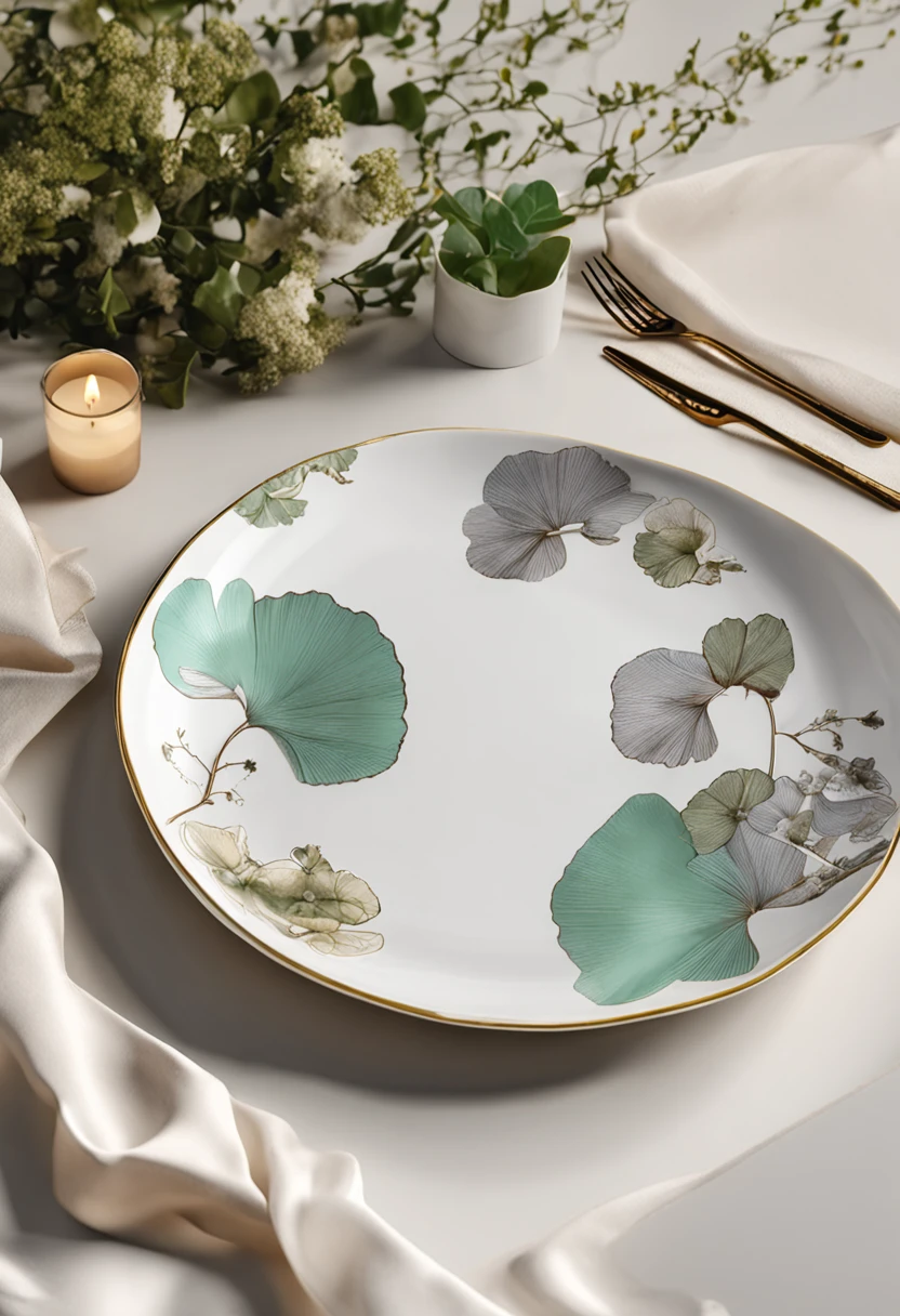 There is a bone china plate,Ginkgo biloba chart,Bone china plate design artwork,Modern artwork,top views,Best results,artwork of a,best qualtiy,8K,3D,Color decoration,top Quority,the detail,
