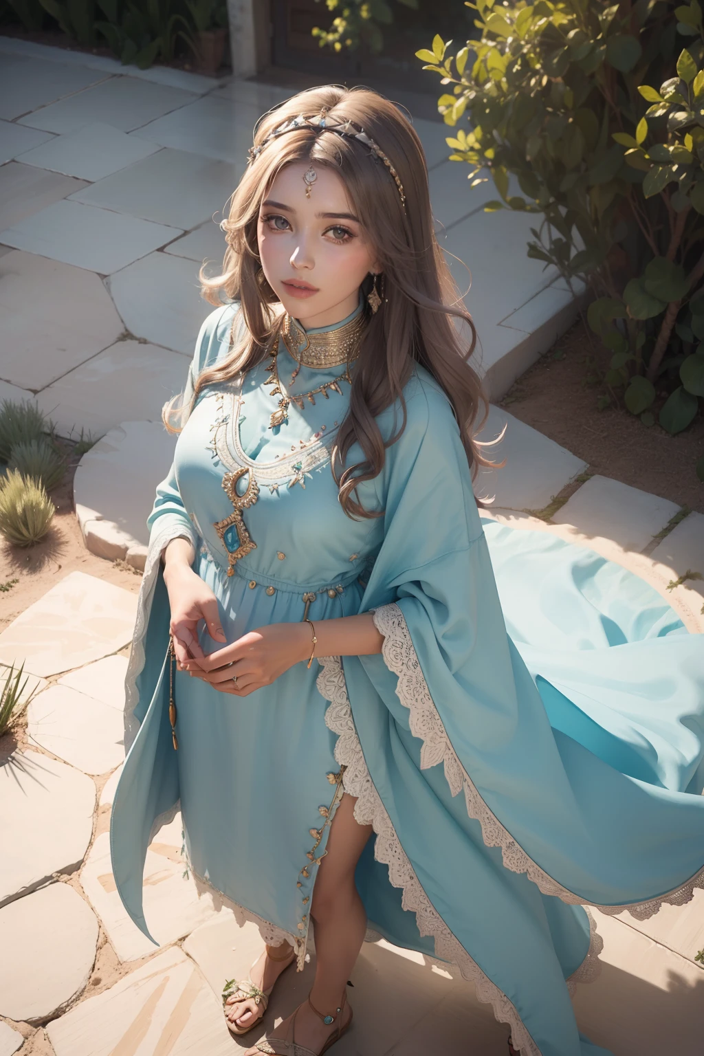 1fille full caftan outfit moroccan dress, seulement, Taille vers le haut, from above, (fleur:1.2) Art officiel, Unity 8k wallpaper, Ultra detailded, aesthetics, Masterpiece, Best quality, photoreallistic