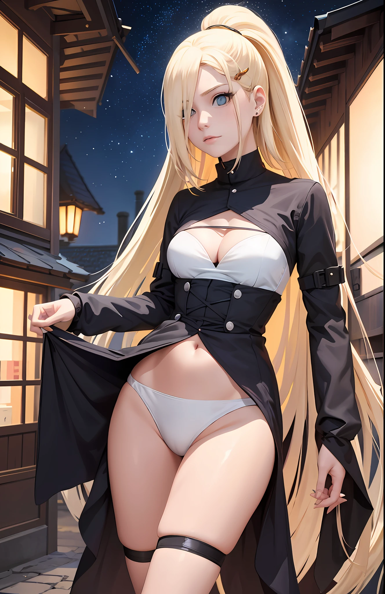tmasterpiece, best quality, 1girl, blond hairbl, long whitr hair, butterflys, the night, The upper part of the body,Ino，Naruto