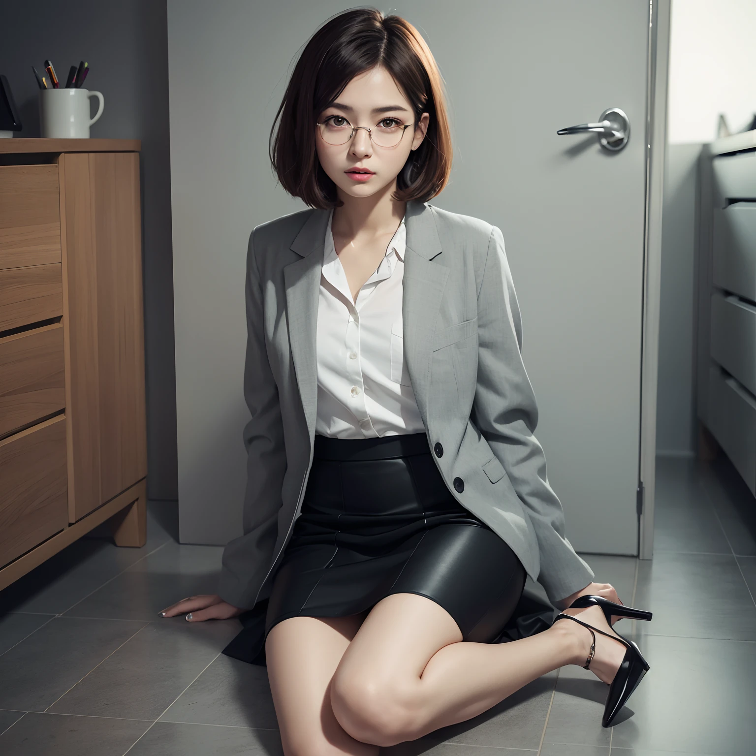 (8k, RAW photo, 1 girl, high heels, super high resolution, best quality, masterpiece: 1.2), (realistic illustration), (highly detailed CG Unity 8k wallpaper), ridiculous, 21 years old, glasses, small, beautiful face, full body, dark expression, bright black eyes, anger, thin, slender body, black medium hair tilted head, realistic, cute little face, bob cut, brown eyes, Skirt, grey custom jacket, office, full body, Nogizaka Idol, Actress, Korean Idol