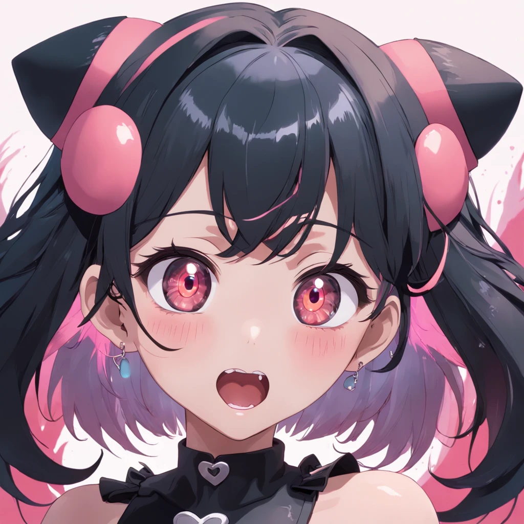 black hair, hair bobbles, longeyelashes, solid circle eyes, fake animal ears, light smile, ear blush, fang, halo, colored inner hair, heart-shaped pupils, heart earrings, saliva, Surrealism, drop shadow, anaglyph, stereogram, tachi-e, pov, atmospheric perspective, 8k, super detail, ccurate, best quality