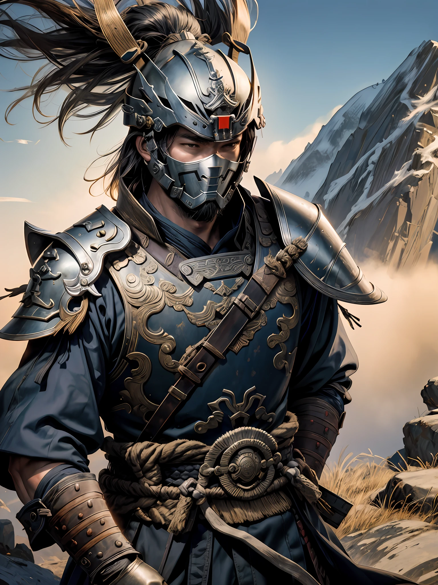 1 Warrior man on (China wall), wearing samurai armor, (with helmet covering face), drop shadow, halftone, vanishing point, diffraction peaks, f/1.8, Nikon, high detail, UHD, masterpiece, best quality, highres, 16k