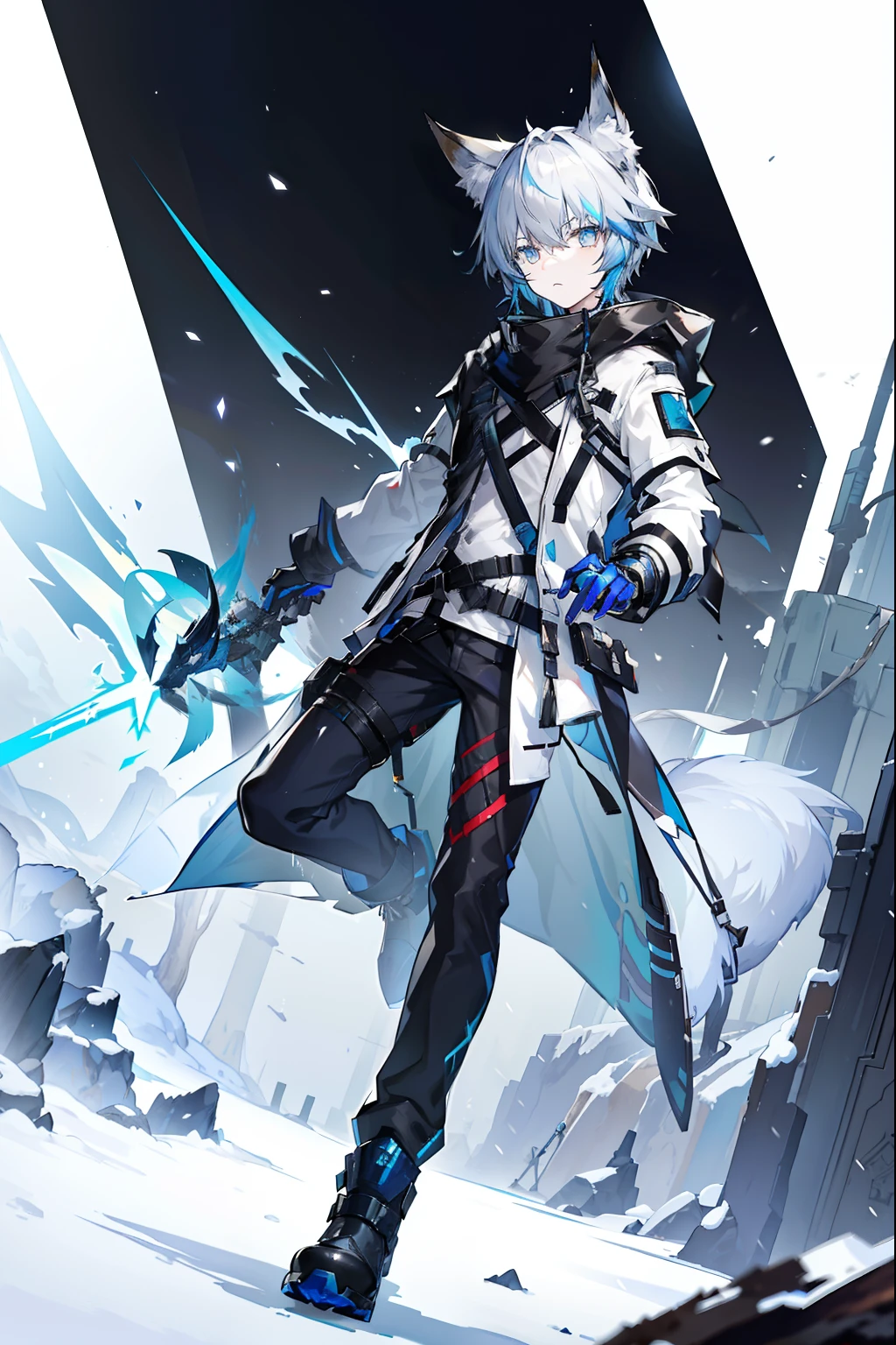 arknights style, arknights design, arknights character, arknights spellcaster, kjerag, fox boy, coat, fox, fox man, simple outfit, operator, snow guy, snow powers, light blue hair, light gray hair