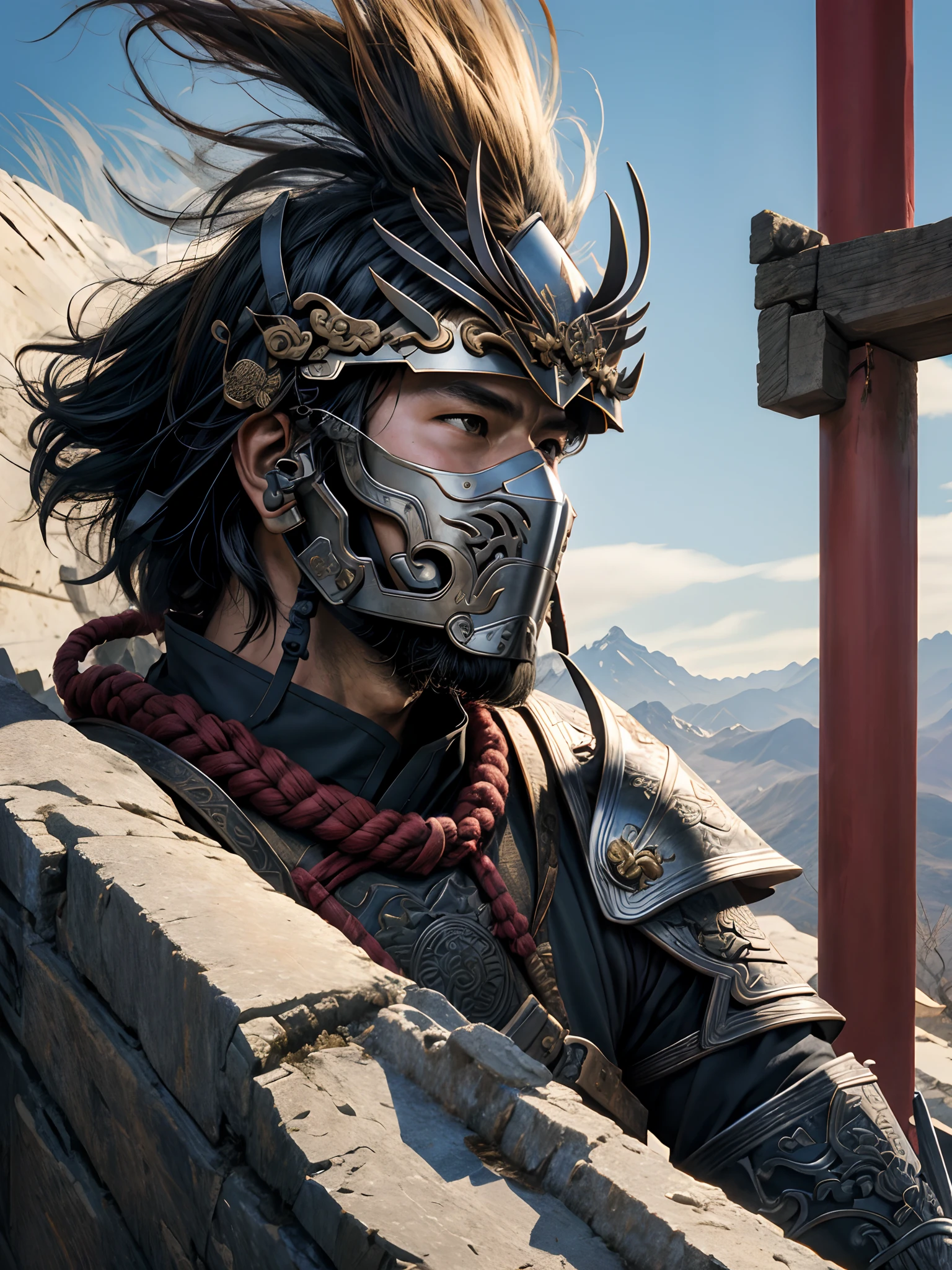 A samurai in armor hangs his head on a burnt battlefield A broken arrow is stuck in his body Holding a broken sword, looking out over the wilderness