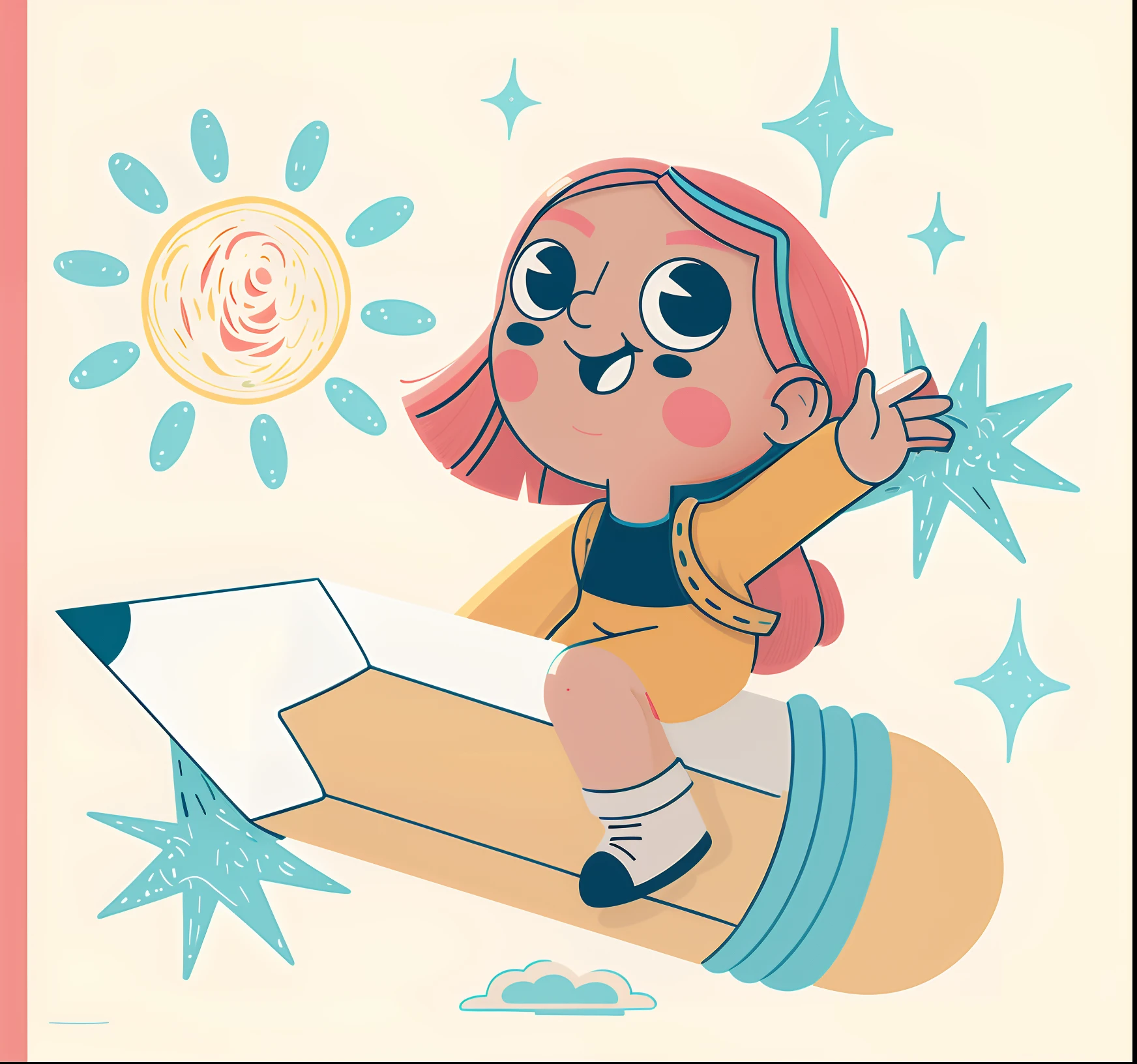 cartoon girl riding on a pencil with tall smooth hair , colorful kids book illustration, cartoon style illustration, amy sol in the style of, cartoon illustration, inspired by Puru, cartoonish cute, on a sunny day, sunny day time, illustrated in whimsical style, kids book illustration, childrens illustration, cute character, madeline from celeste, bright sunny time, cute illustration