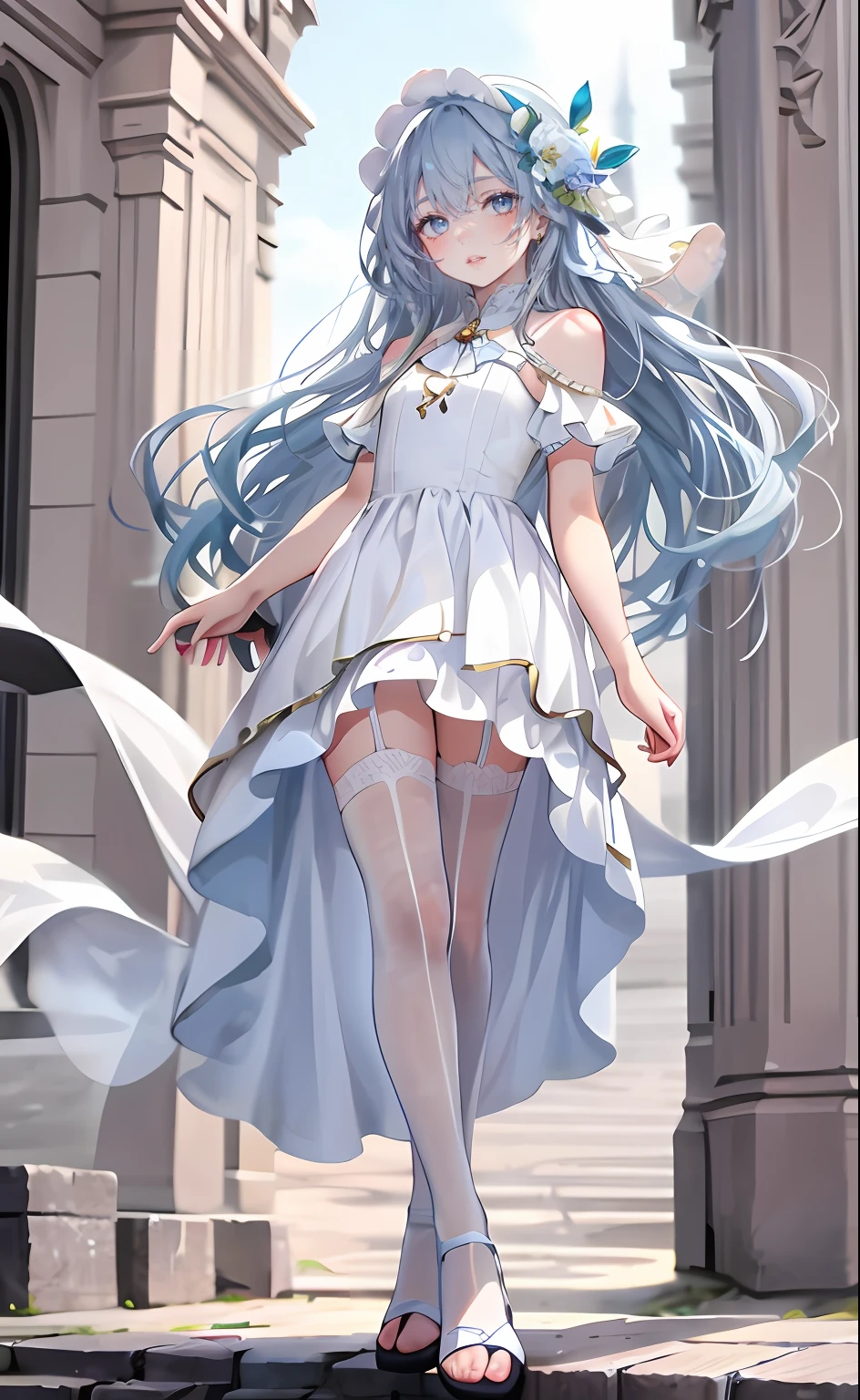 meticulous portrayal of face，1 girl，White dress long dress，(white stockings+)，Flat sandals for women，(White stocking feet)，light blue long hair，Station background， Perfect body， s the perfect face， perfect hand， Perfect Finger， Perfect lips， perfect  eyes， Perfect background