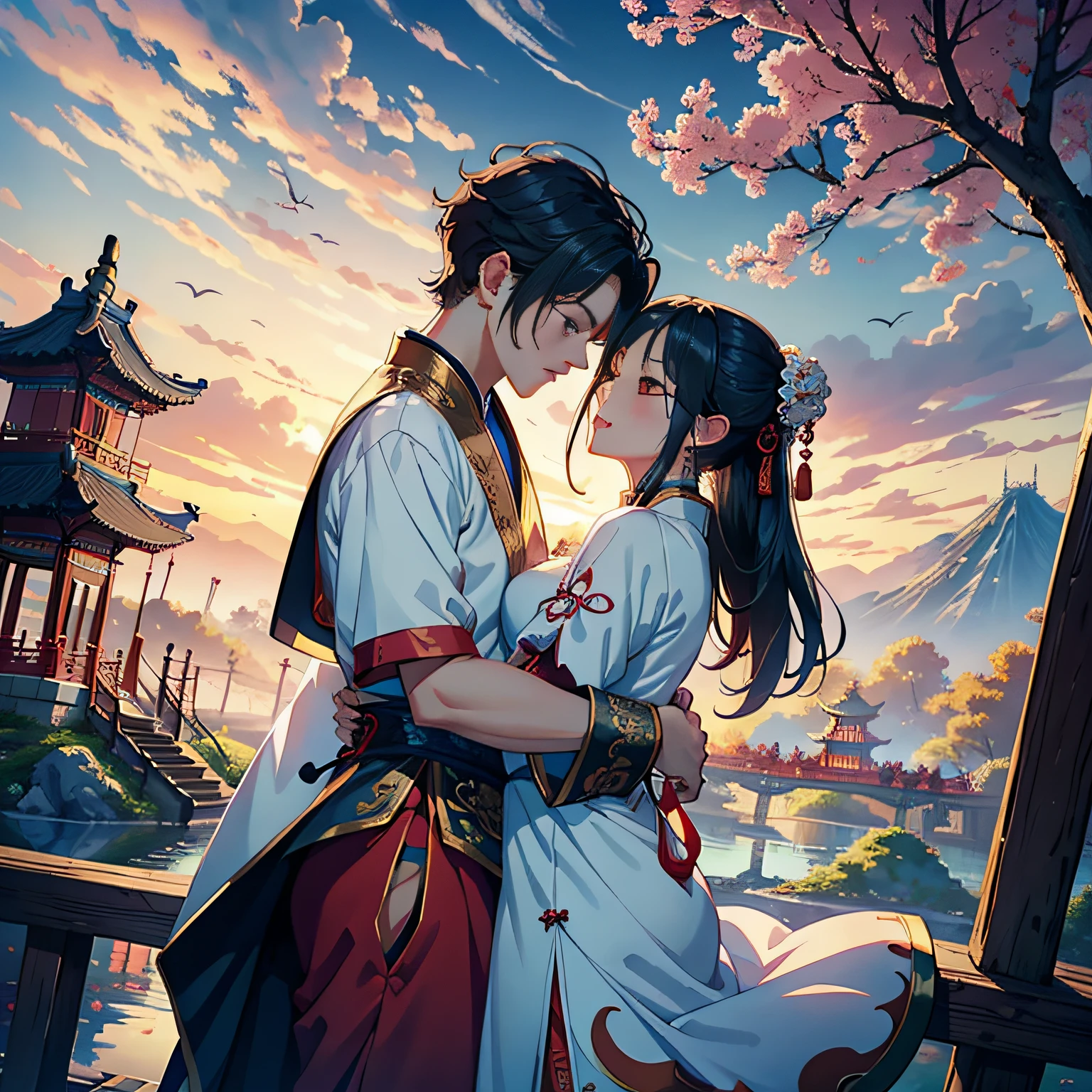 tmasterpiece，A high resolution，Complex scenes，detailed face with，CG animation，Chinese mythology and story Qixi Festival，in wonderland，bru，（Boys and girls hugging each other on the bridge），illustration，Crane，Clouds，