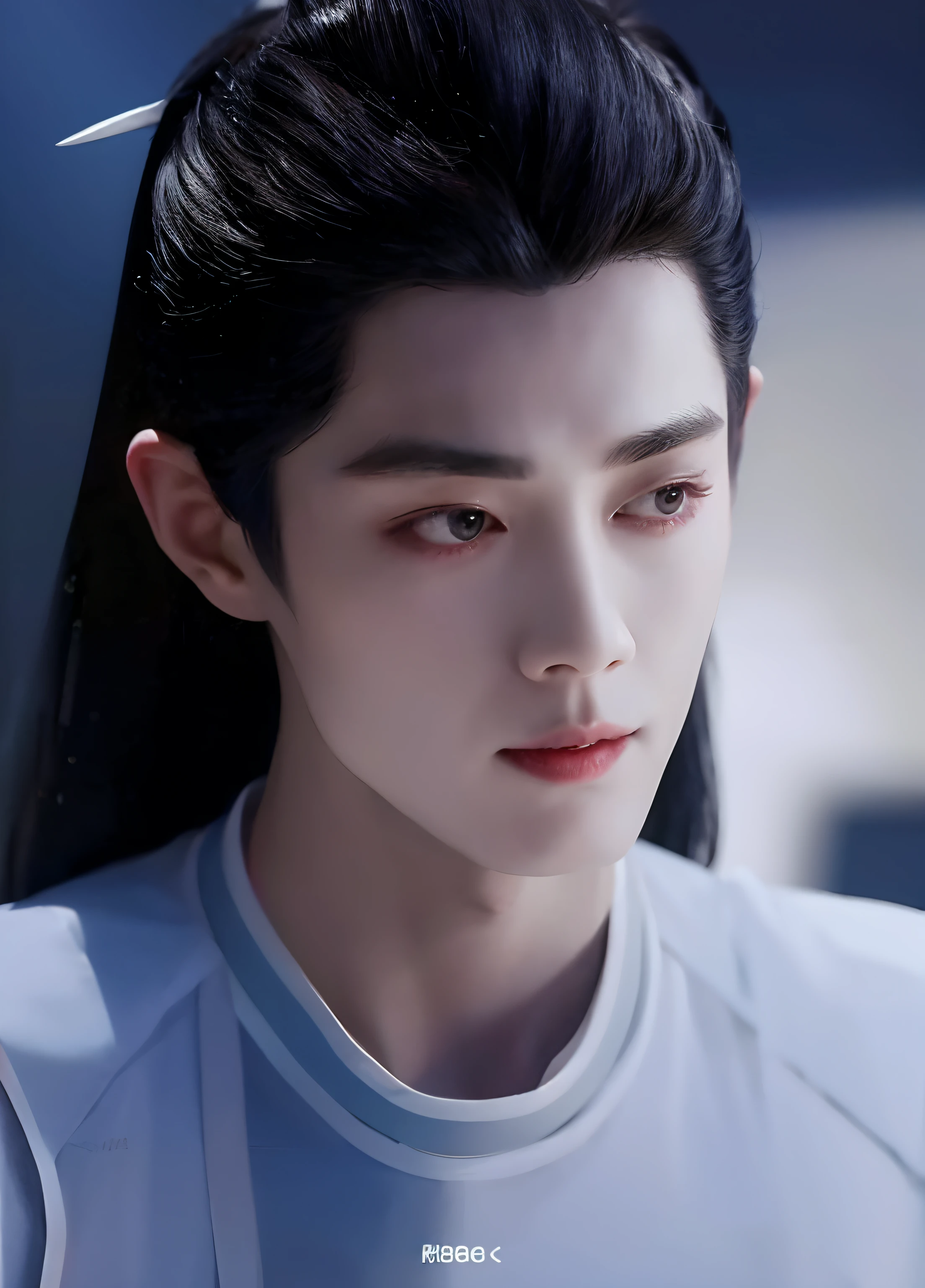 Xiao Zhan,Close-up of a man with long hair and white period costume, Xiao Zhan,Big handsome guy,Invincible big handsome guy,Unparalleled beauty,The eyes are very beautiful and pure,It's like a god descending from a mortal