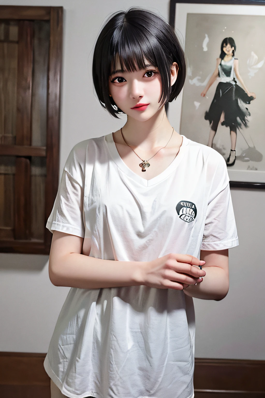Short hair girl,Wearing a black swan necklace,White background with colorful oil painting,largeeyes,Wear a black shirt,There are colorful petals on the clothes,a little angry,Look at the cameras in the house