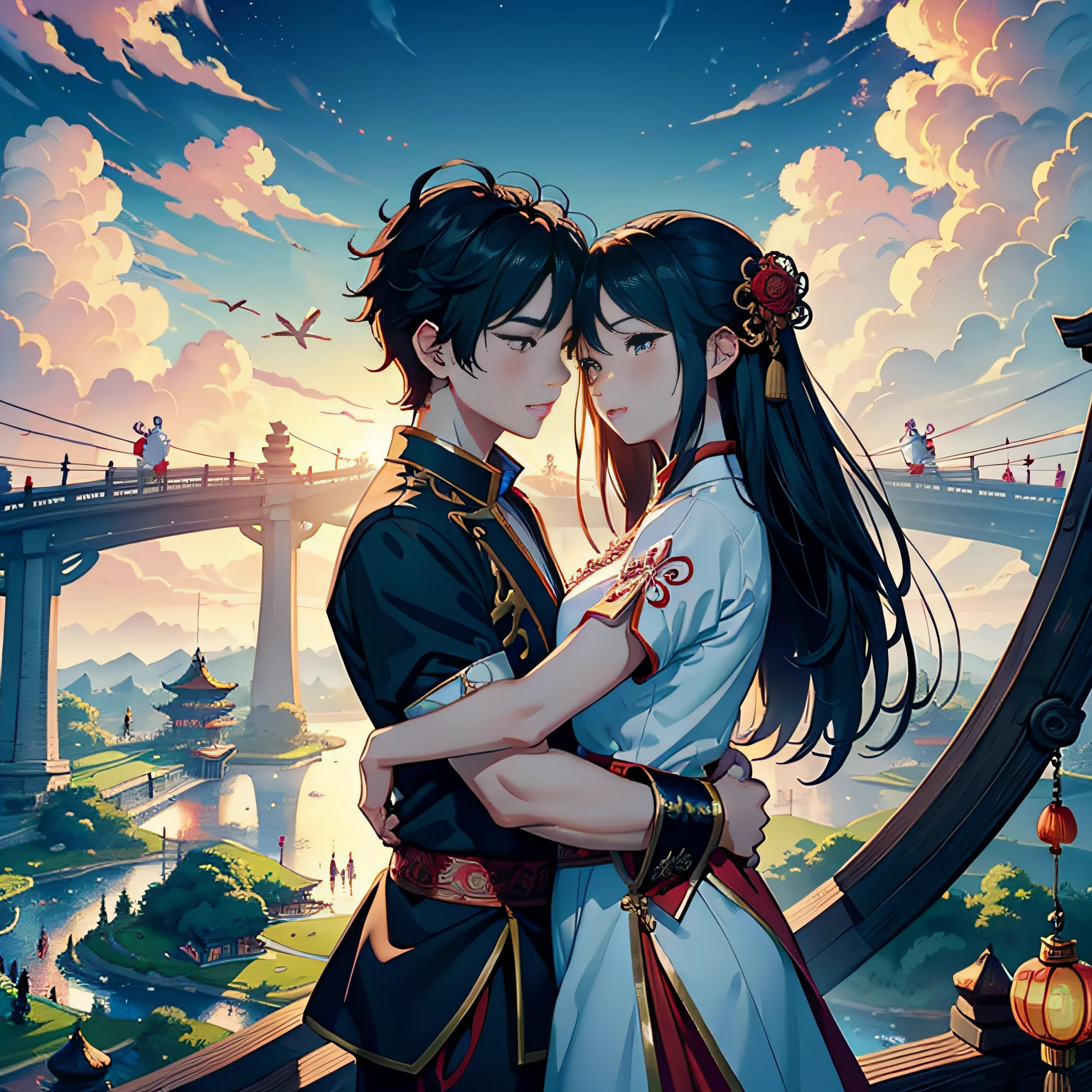 tmasterpiece，A high resolution，Complex scenes，detailed face with，CG animation，Chinese mythology and story Qixi Festival，in wonderland，bru，（Boys and girls hugging each other on the bridge），illustration，Crane，Clouds，