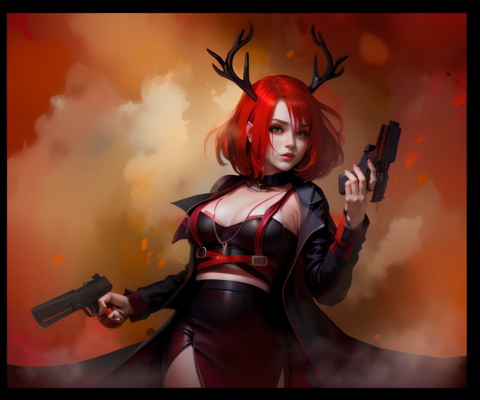 The Killer Girl, with deer antlers, pistols in hand, red hair, Black Dress, Background fire, Abstract background