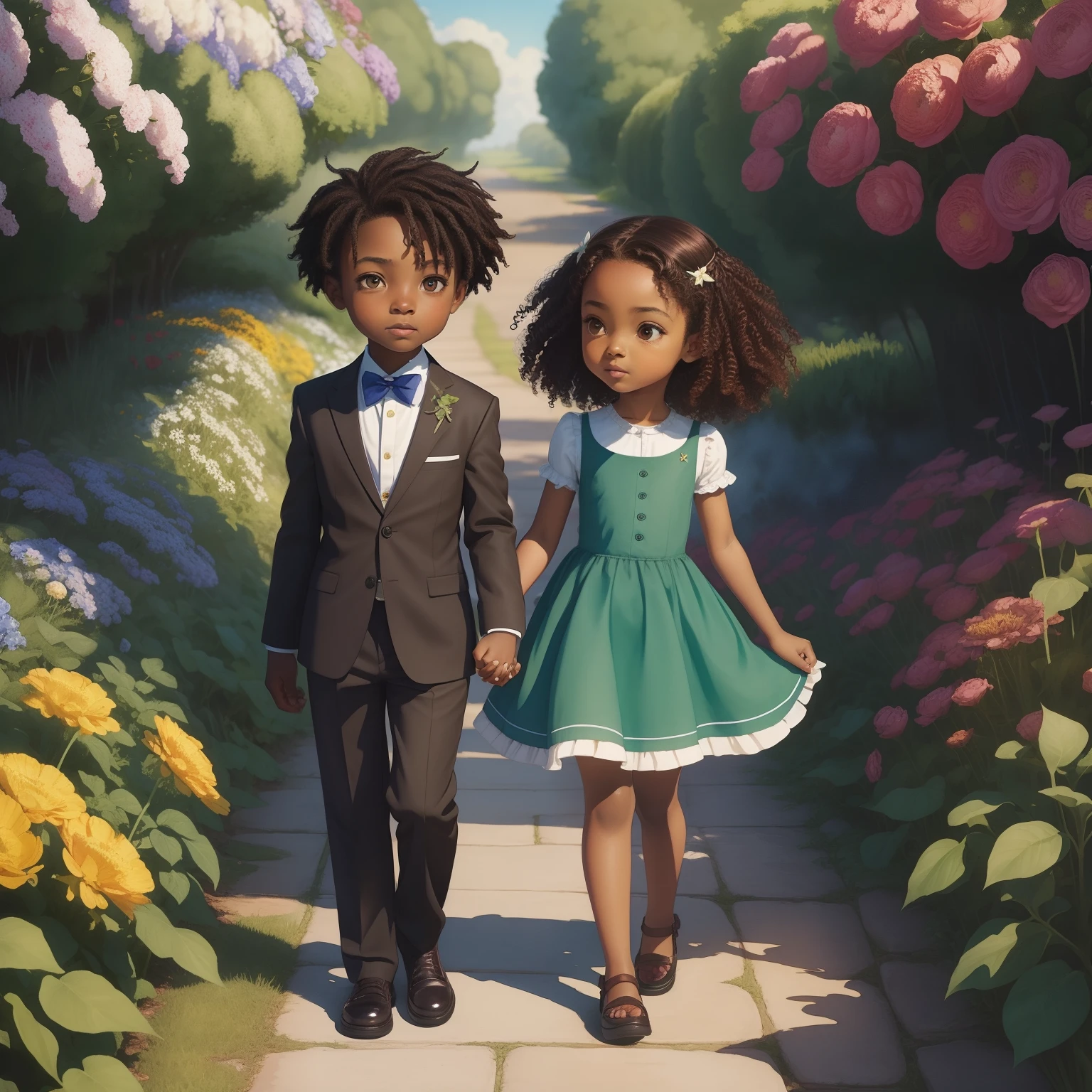 fine art print,cute African chibi couple holding hands,a cute (brown skin) chibi tiny girl with curly dark red hair and green eyes wearing a blue flowing dress outside in a flower garden,holding hands with a cute chibi tiny (brown skin) boy in a suit with curly black hair and black eyes wearing adventurers cloth,big eyes,detailed background,riot games illustration,pixar,loish,in the style of ida rentoul outhwaite,watercolors