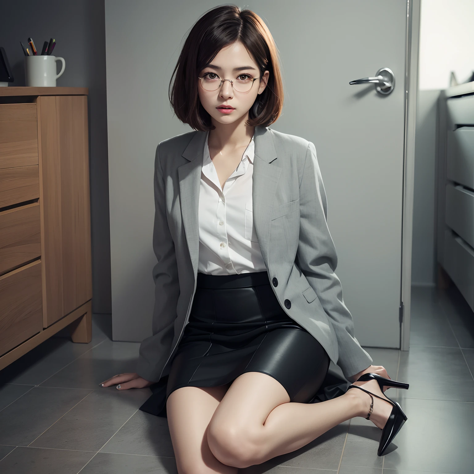 (8k, RAW photo, 1 girl, high heels, super high resolution, best quality, masterpiece: 1.2), (realistic illustration), (highly detailed CG Unity 8k wallpaper), ridiculous, 21 years old, glasses, small, beautiful face, full body, dark expression, bright black eyes, anger, thin, slender body, black medium hair tilted head, realistic, cute little face, bob cut, brown eyes, Skirt, grey custom jacket, office, full body, Nogizaka Idol, Actress, Korean Idol